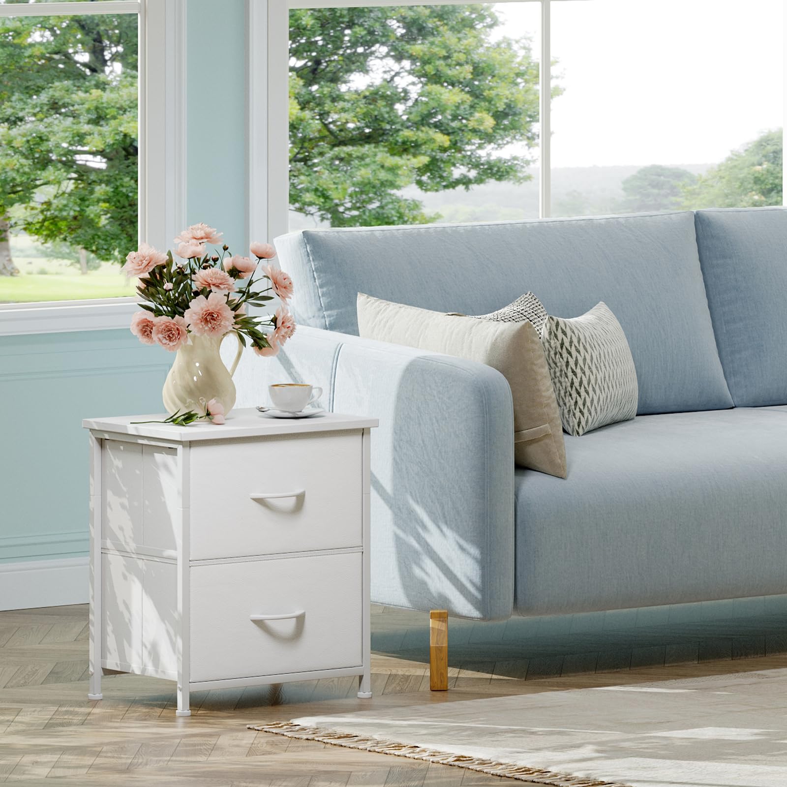 White Nightstand with 2 Drawers & Fabric Bins - Small Dresser for Bedroom, Bedside Table, End Table - Perfect for Kids Room, Closet, Dorm & Guest Room (White Leather) - Ideal for Bedroom Storage & Organization