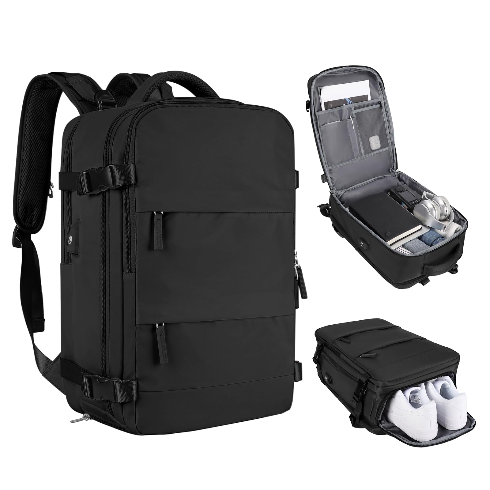 Coofay Airline Approved Carry On Backpack for Women & Men - Waterproof Travel Backpack, Lightweight Hiking Daypack for Sports, Casual Use & Outdoor Adventures (Black)