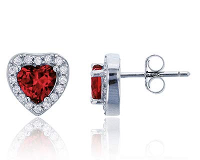 Sterling Silver Rhodium Plated 6mm Heart Cut Ruby & Clear Cubic Zirconia Round Cut Halo Heart Stud Earrings for Women - Perfect for Valentine's Day, Anniversary, Birthday Gifts & Everyday Elegance