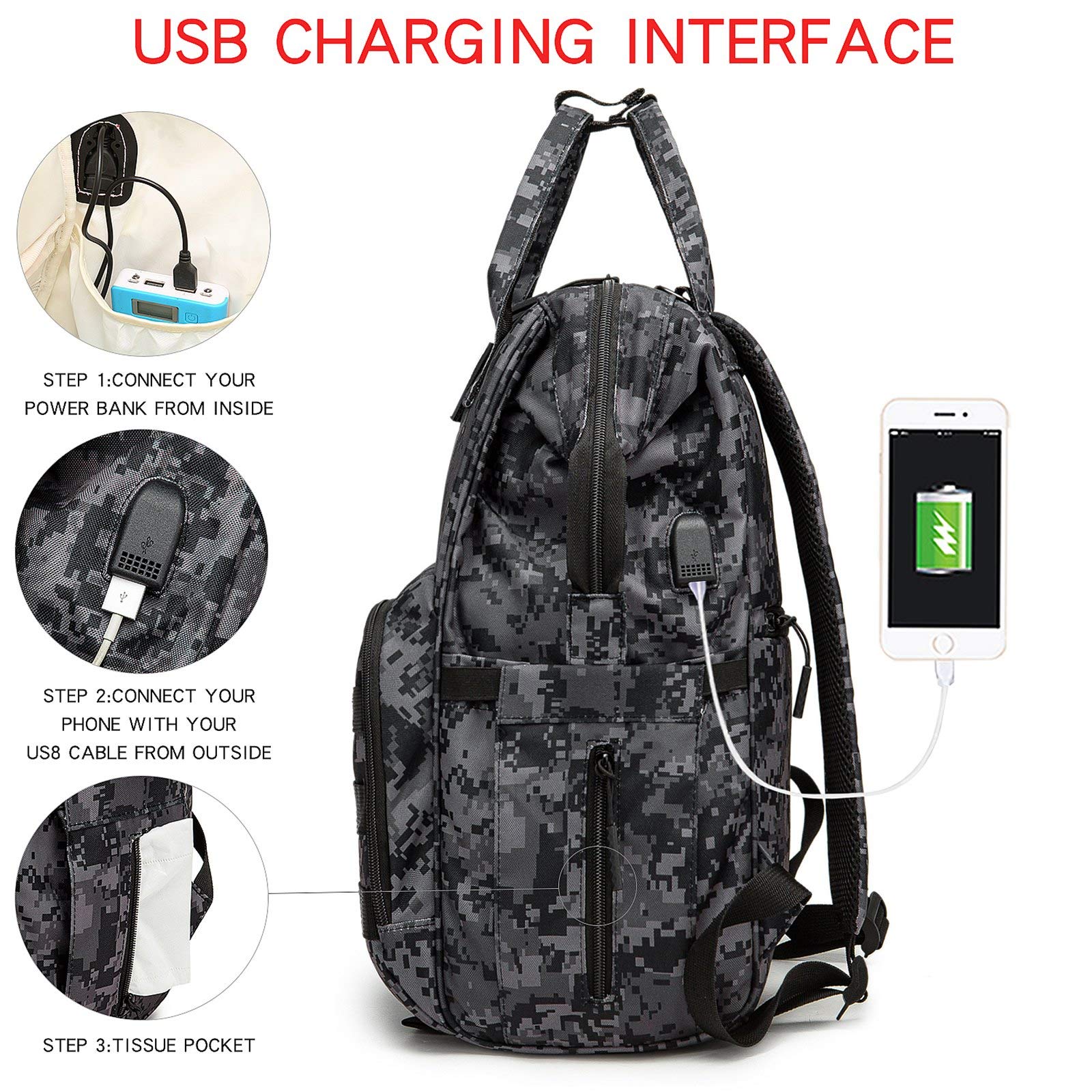 QWREOIA Diaper Bag Backpack with USB Charging Port, Stroller Straps & Insulated Pocket - Military Style Baby Changing Bag for Parents (Black Camo) - Perfect for Travel, Daycare & Family Outings