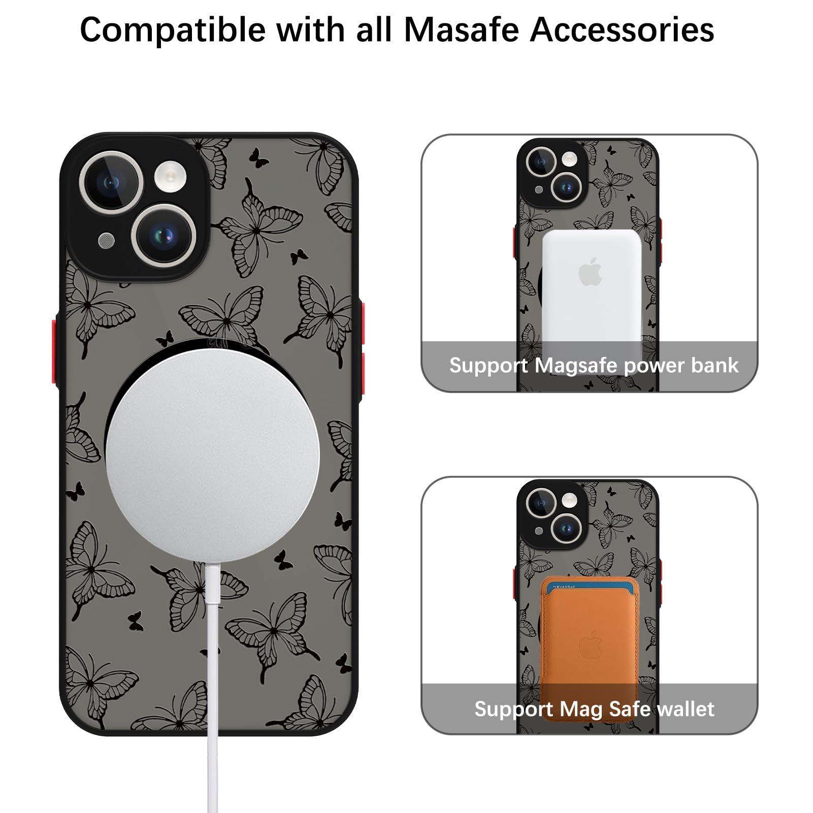 Magnetic Case for iPhone 15 (6.1 Inch) - MagSafe Compatible Clear Frosted PC Back with Black Butterfly Design, Soft Bumper Shockproof Protective Phone Cover for Women | Perfect for Everyday Use, Work & Travel