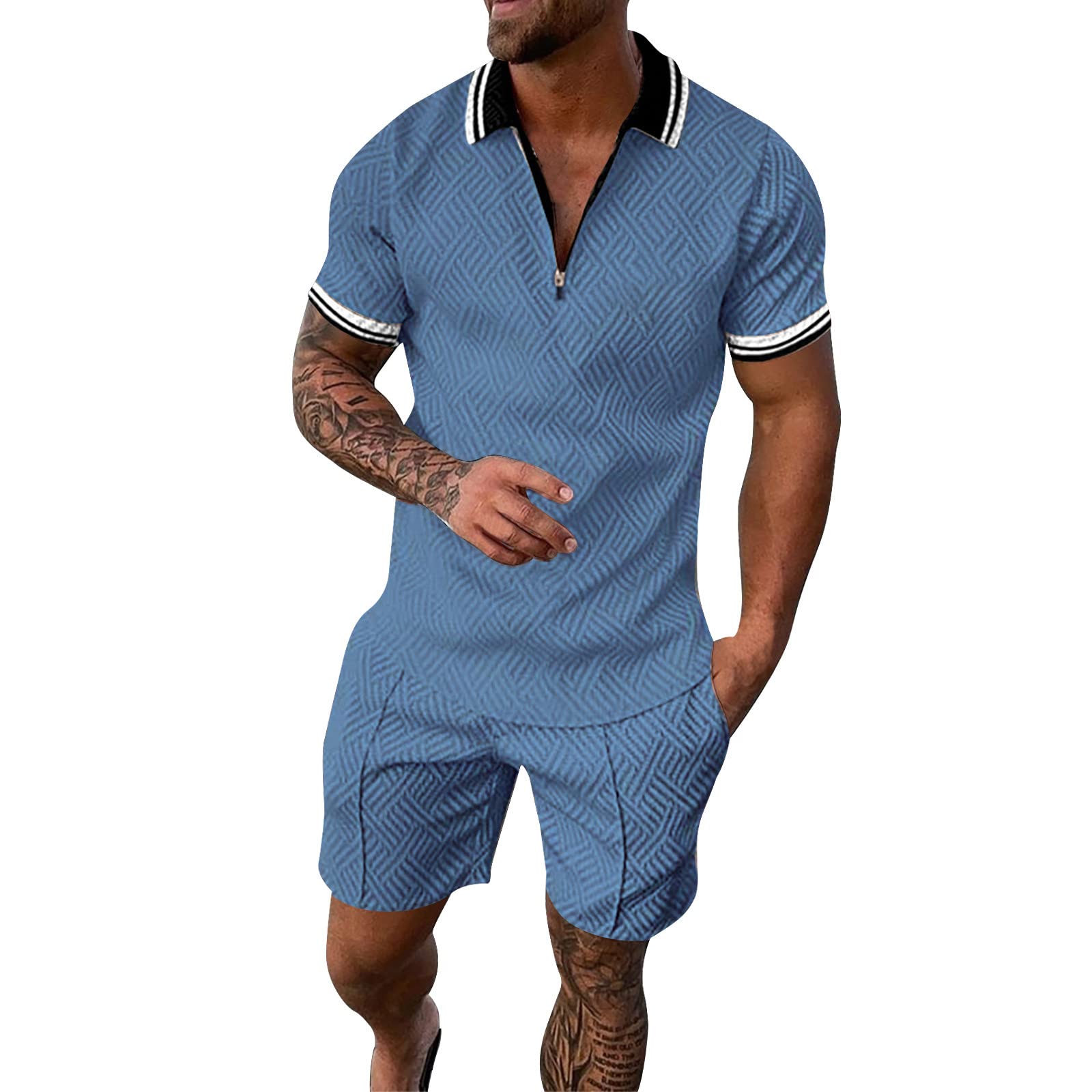 Men's 2-Piece Wrinkle-Free Short Sets - Zipper Collar Polo Shirt & Athletic Shorts for Gym, Running, Football | 3D Digital Print Sportswear | Perfect for Workouts, Sports & Casual Wear