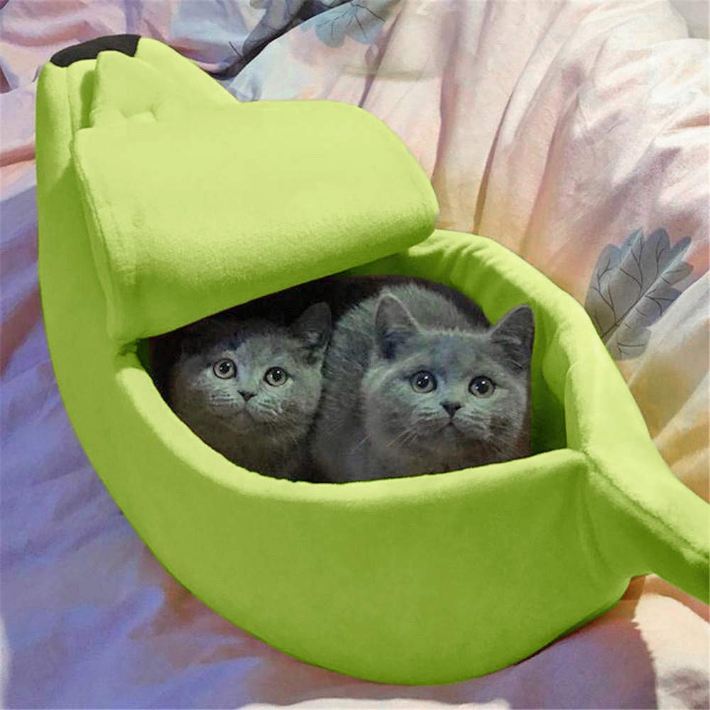 Sinwo Small Pet Cat Bed - Banana Shaped Fluffy Warm Soft Plush Breathable Cat House for Kittens & Cats (Green, Medium Size) - Perfect for Indoor Sleeping, Lounging & Playtime