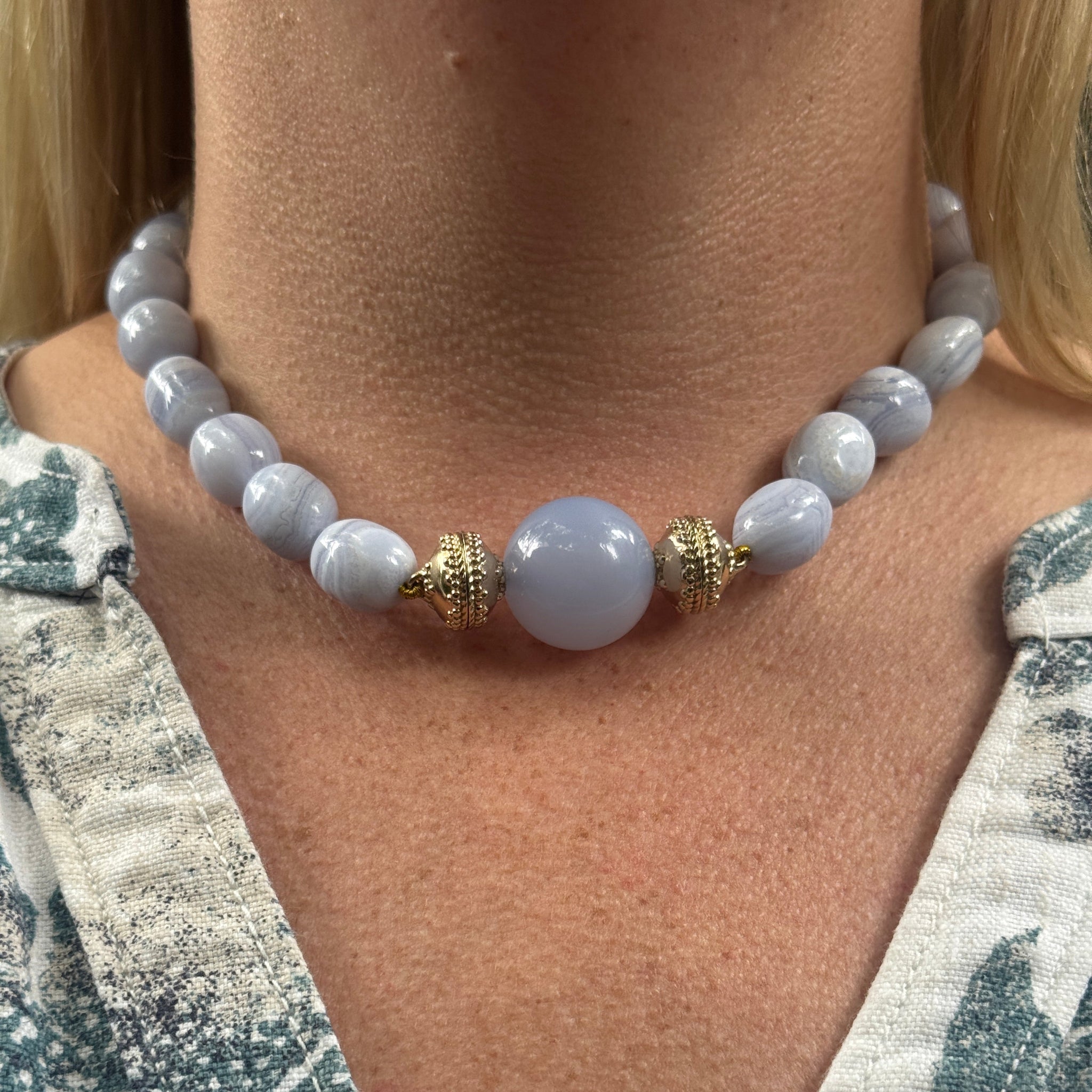 Clara Williams Helen Blue Lace Agate Tumbled Necklace - Natural Stone Jewelry for Women, Healing Crystal Pendant with Adjustable Chain - Perfect for Meditation, Yoga & Spiritual Gifts