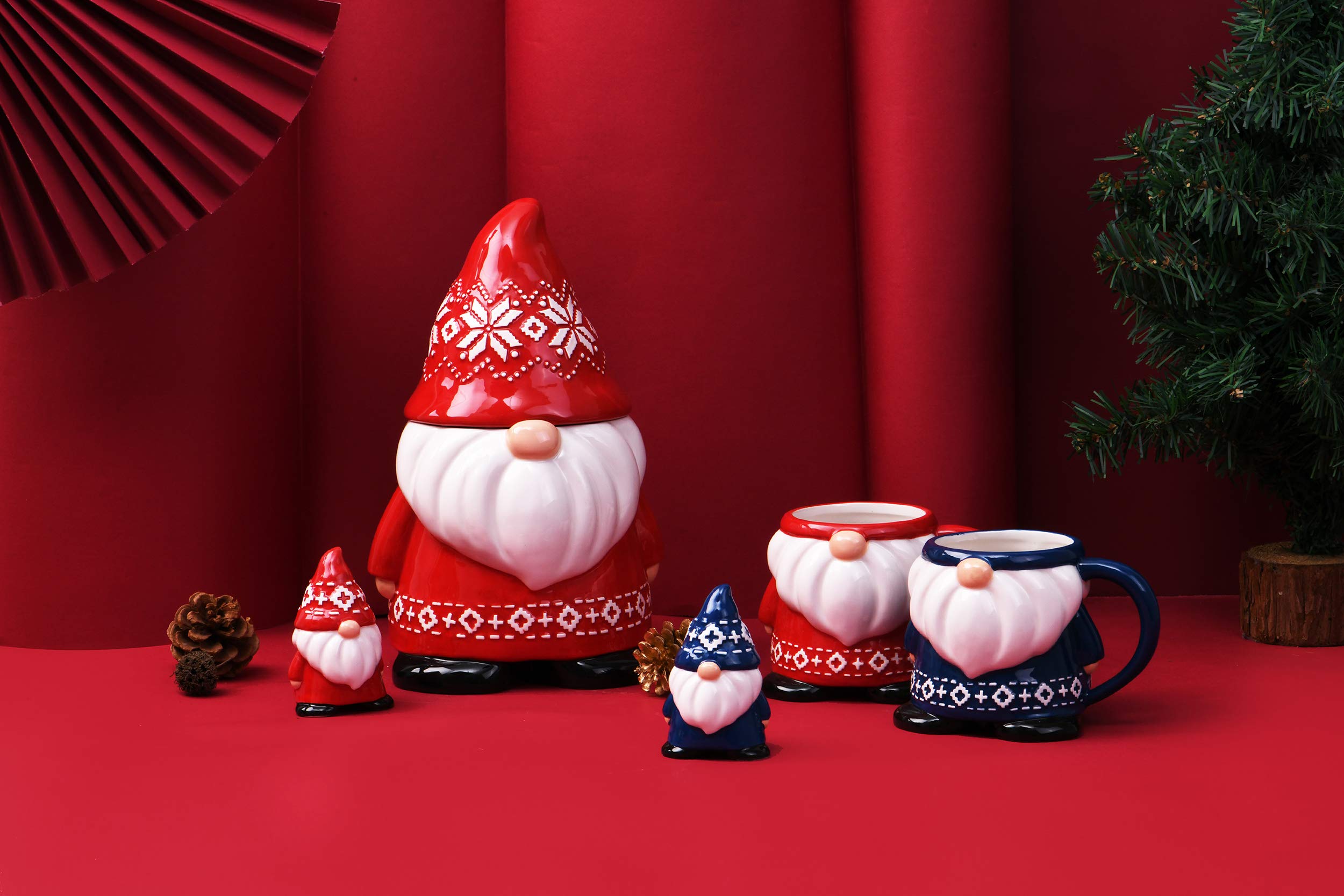 Handpainted Bico Ceramic Red & Blue Christmas Gnome 15oz Mugs Set - Microwave & Dishwasher Safe - Perfect for Holiday Gifts, Cozy Hot Drinks & Festive Home Decor