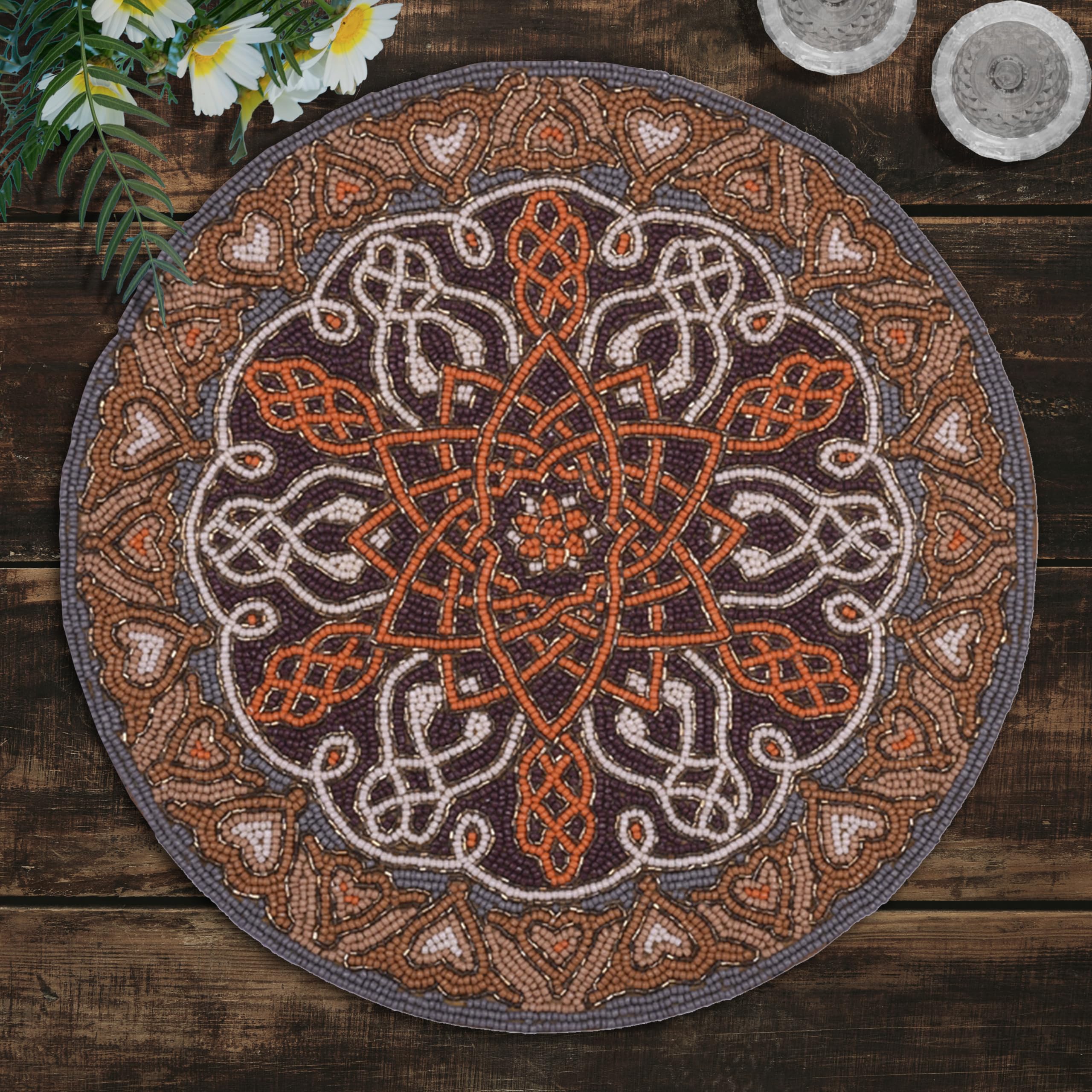 Decozen Orange Gray Beaded Placemats Set of 2 - 14 Inch Round Heat Resistant & Scratch Proof Table Mats for Dining Table, Coffee Table, Kitchen Decor - Perfect for Holiday Dinners, Parties & Everyday Use