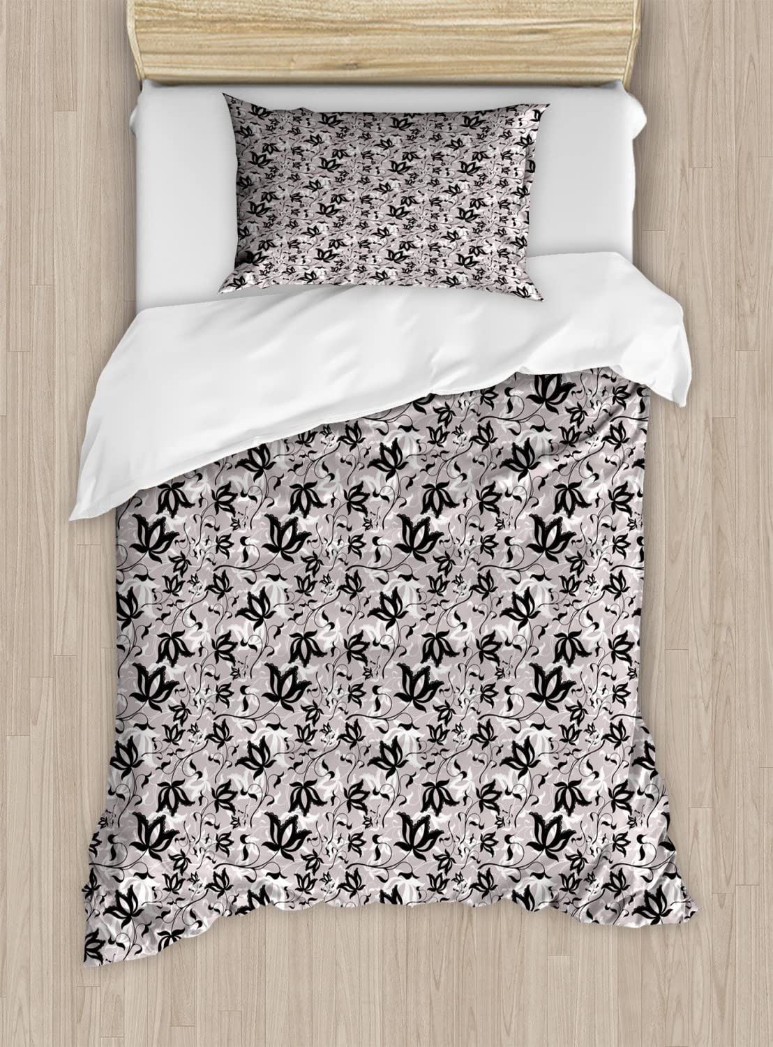 Ambesonne Floral Duvet Cover Set - Gothic Style Rose Petals Love & Romance Themed Bedding - 2 Twin Size Duvet Covers & 2 Pillowcases (Pale Mauve Black White) - Perfect for Gothic Bedroom Decor & Romantic Themed Spaces