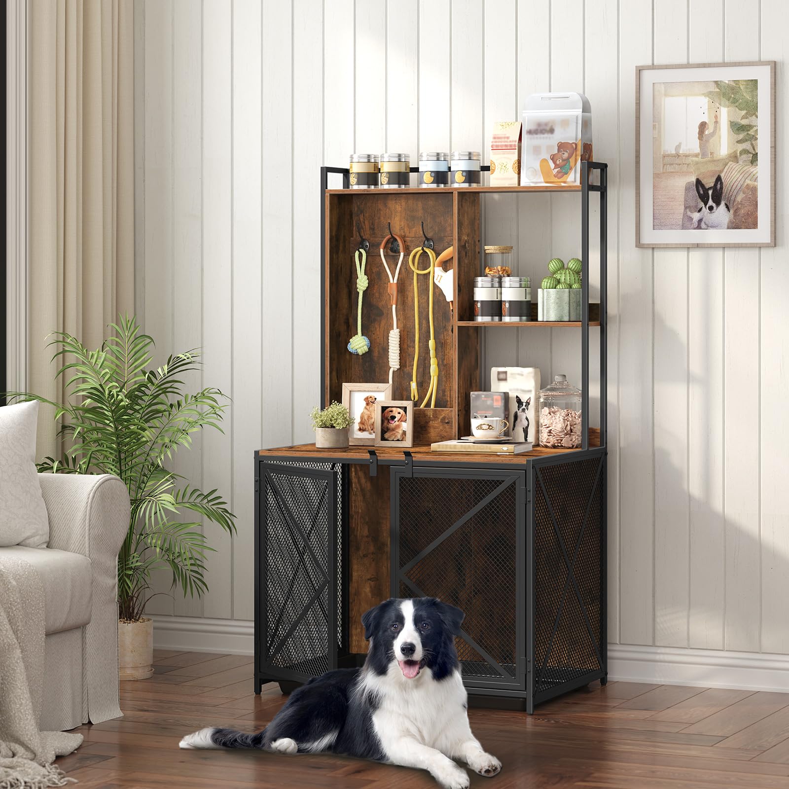 Heavy Duty Wooden Dog Crate Furniture with Storage Shelves & Leash Hooks - Rustic Brown Indoor Kennel for Small & Medium Dogs | Includes Removable Tray & Perfect for Living Room, Bedroom or Office Decor (DCHR12701)