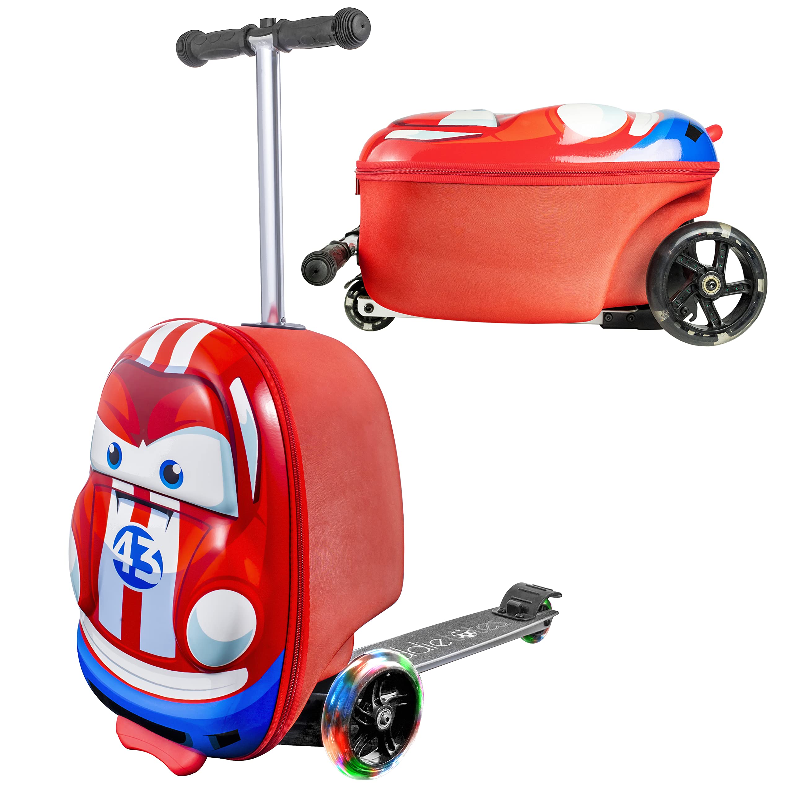 Kiddietotes 3D Hardside Scooter Ride-On Suitcase for Kids - Lightweight Wheeled Luggage with Fun LED Lights - Perfect for Air Travel, Road Trips & School Commutes