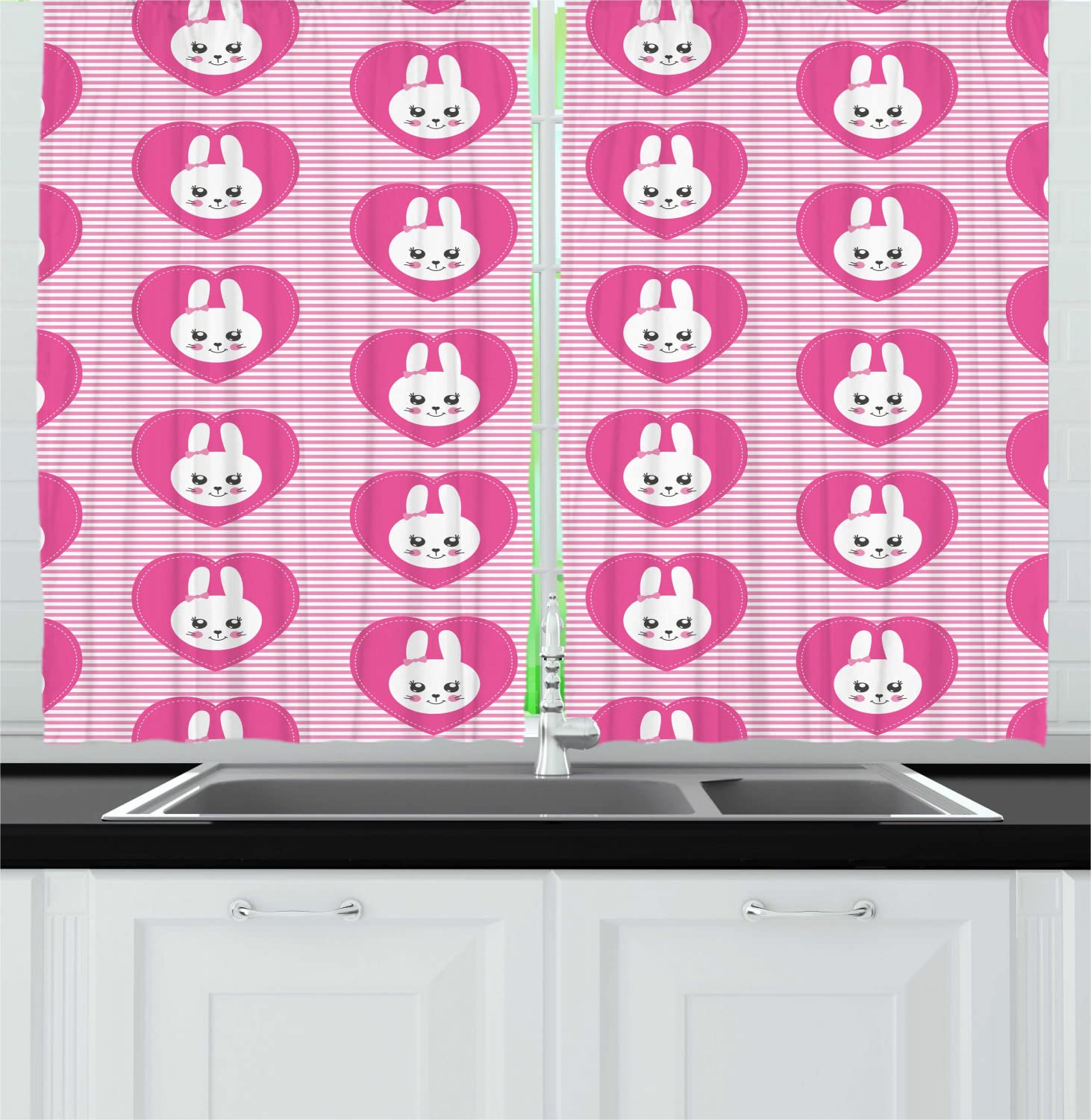 Ambesonne Baby Long Kitchen Curtains - Cartoon Bunny Rabbit Faces Design, Pink and White, 55