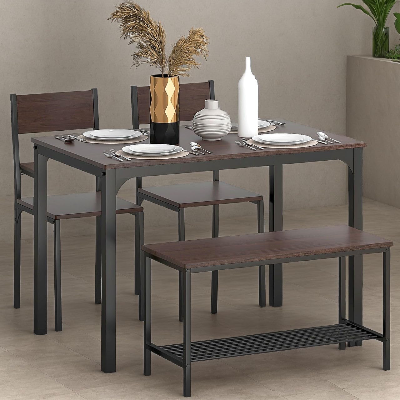 SogesHome 43.3 Inch Kitchen Dining Table Set for 4 with 2 Chairs and Bench - Space Saving Small Apartment Furniture Set for Kitchen, Restaurant, Coffee Shop - Dark Brown Wood Finish - Perfect for Breakfast Nook, Small Dining Room, and Compact Spaces