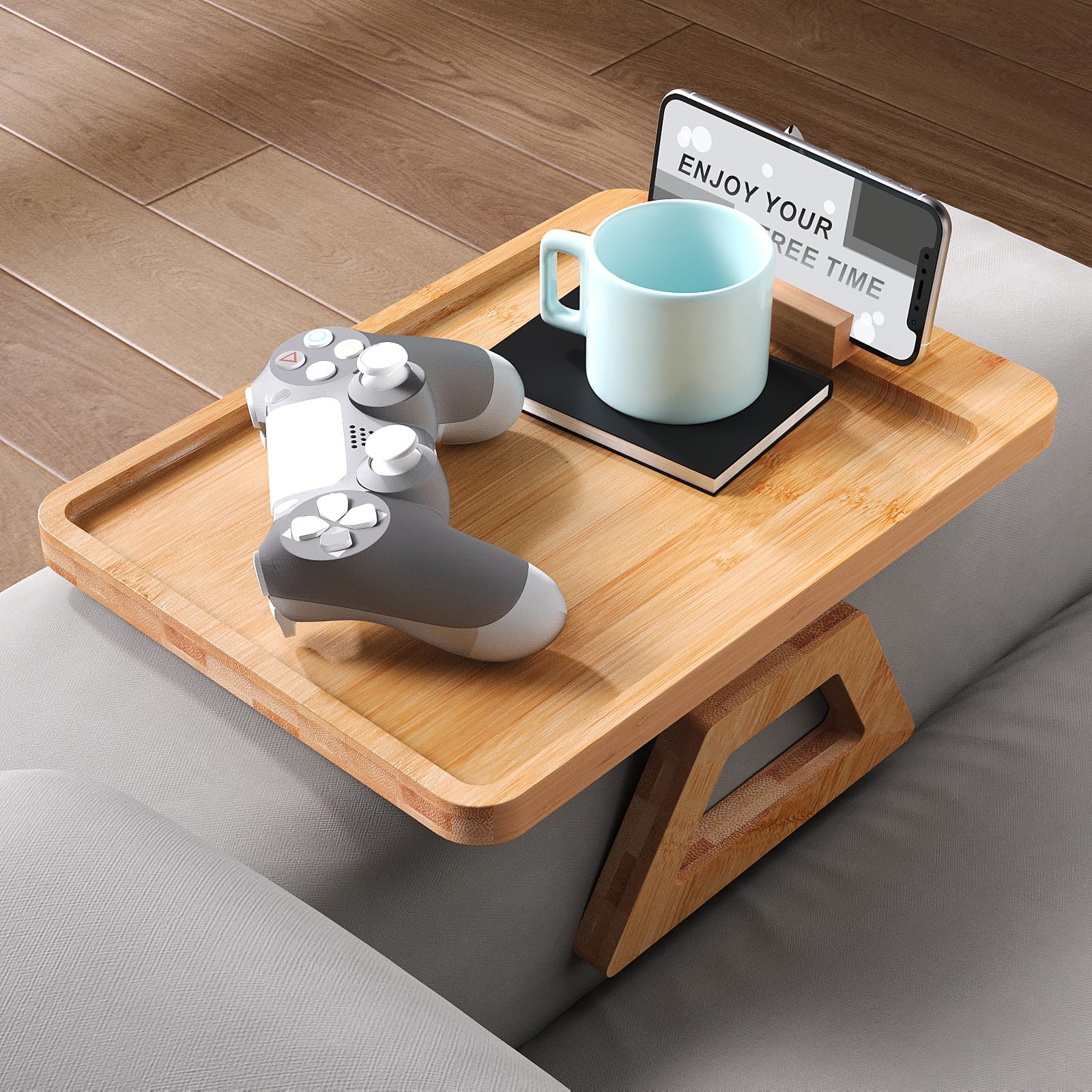 360° Rotating Bamboo Sofa Tray - Foldable Armrest Tray for Drinks, Snacks & Phone - Perfect for Living Room Relaxation
