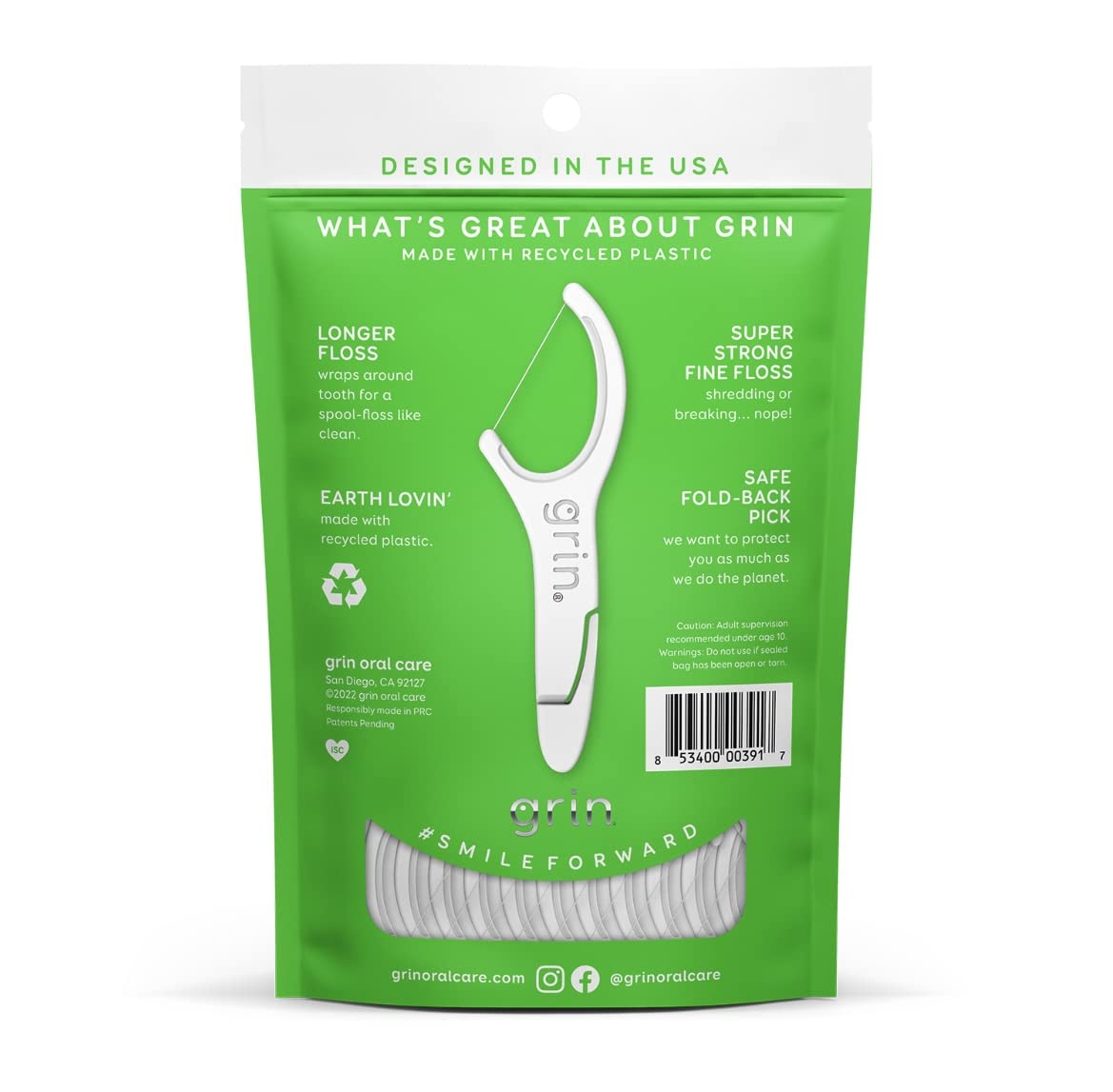 GRIN Dental Floss - 3 Packs of 60 (Fine Floss for Tight Teeth) | Gentle Oral Care for Braces & Dental Work | Perfect for Travel & Daily Hygiene