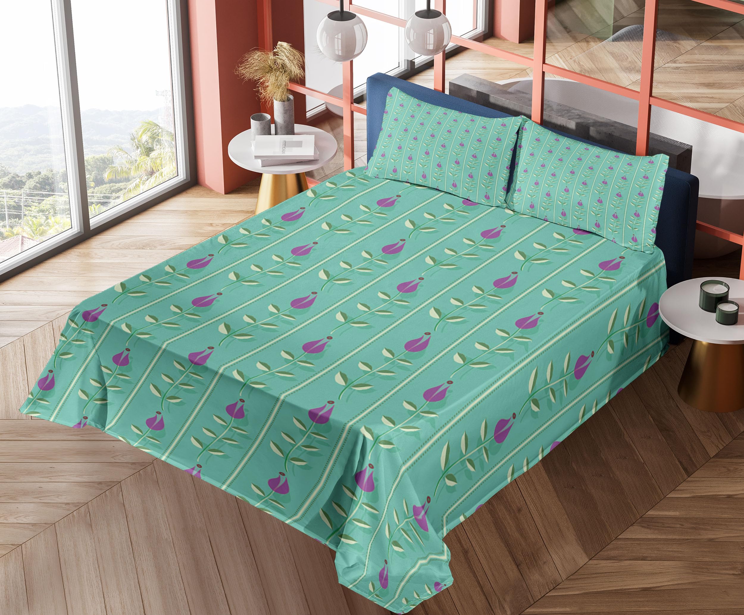 Ambesonne Floral Sheet Set 4-Piece - Oriental Tulip Ottoman Design Fitted & Flat Sheets with Pillowcases, Full Size Bedding in Sea Green & Purple | Perfect for Guest Rooms, Master Bedrooms & Bohemian Home Decor