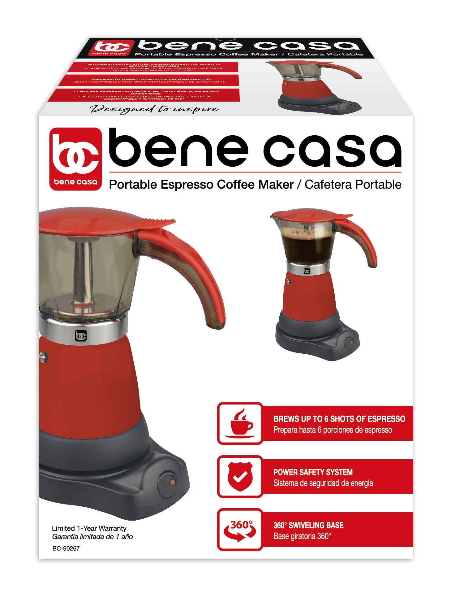 Bene Casa Red Portable Electric Espresso Maker - 3 or 6 Cup Capacity, Fast Heating, Compact Design - Perfect for Home, Office, Travel & Camping Coffee Lovers