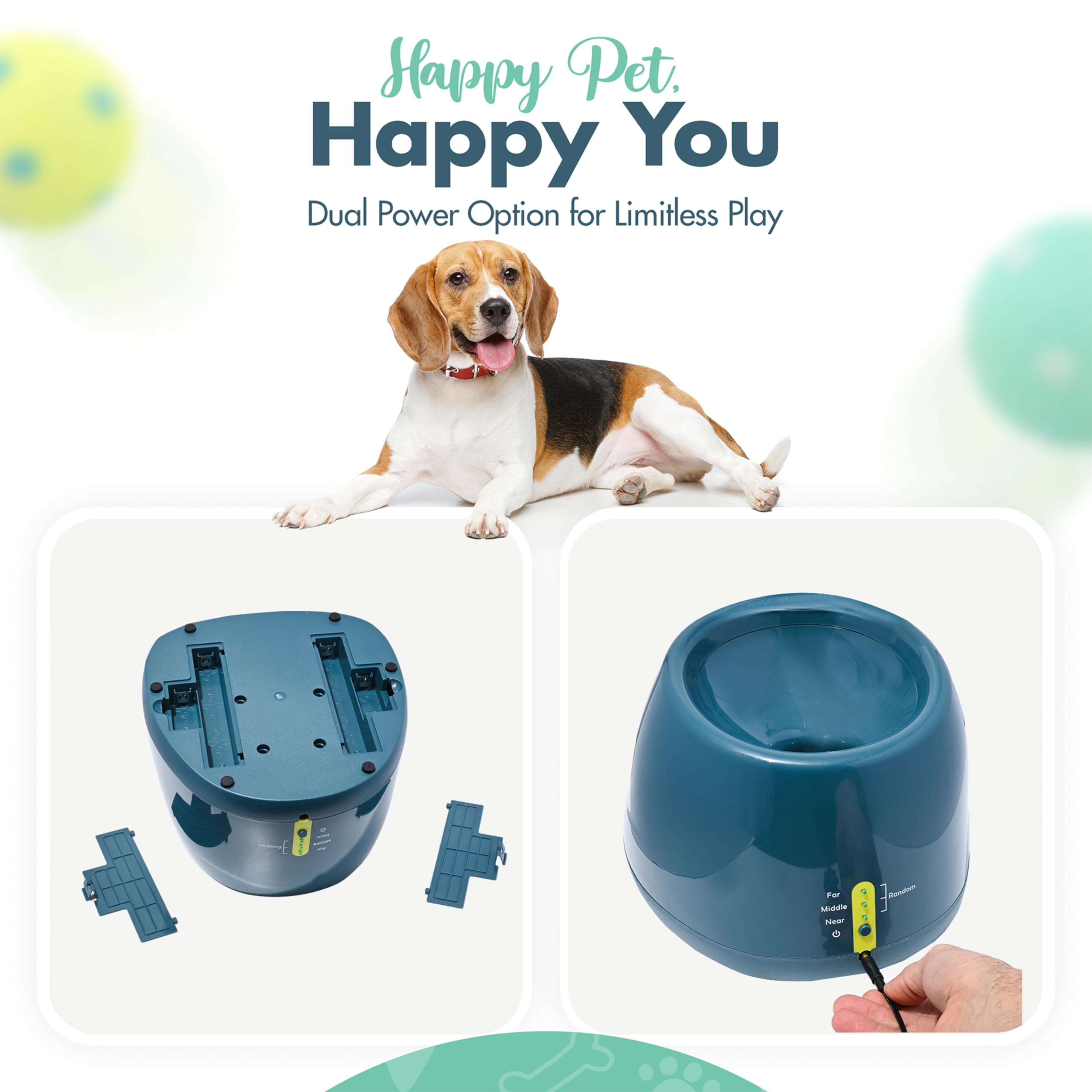 Automatic Dog Ball Launcher - Interactive Fetch Machine Toy for Small & Medium Dogs with 6 Latex Balls, Plug-in & Battery Powered (4 Distance Settings) - Perfect for Backyard Play, Exercise & Training Sessions