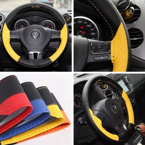 Premium Yellow & Black PVC Leather Steering Wheel Cover - Universal Fit 14.5