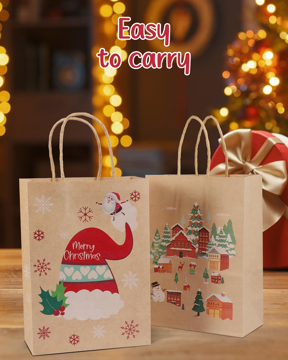 24 Pack Christmas Gift Bags - 6 Festive Designs Kraft Paper Gift Bags with Handles (8.26x5.90x3.14 Inches) - Reusable Holiday Present Bags for Xmas, Birthday, Party Favors & Gift Wrapping