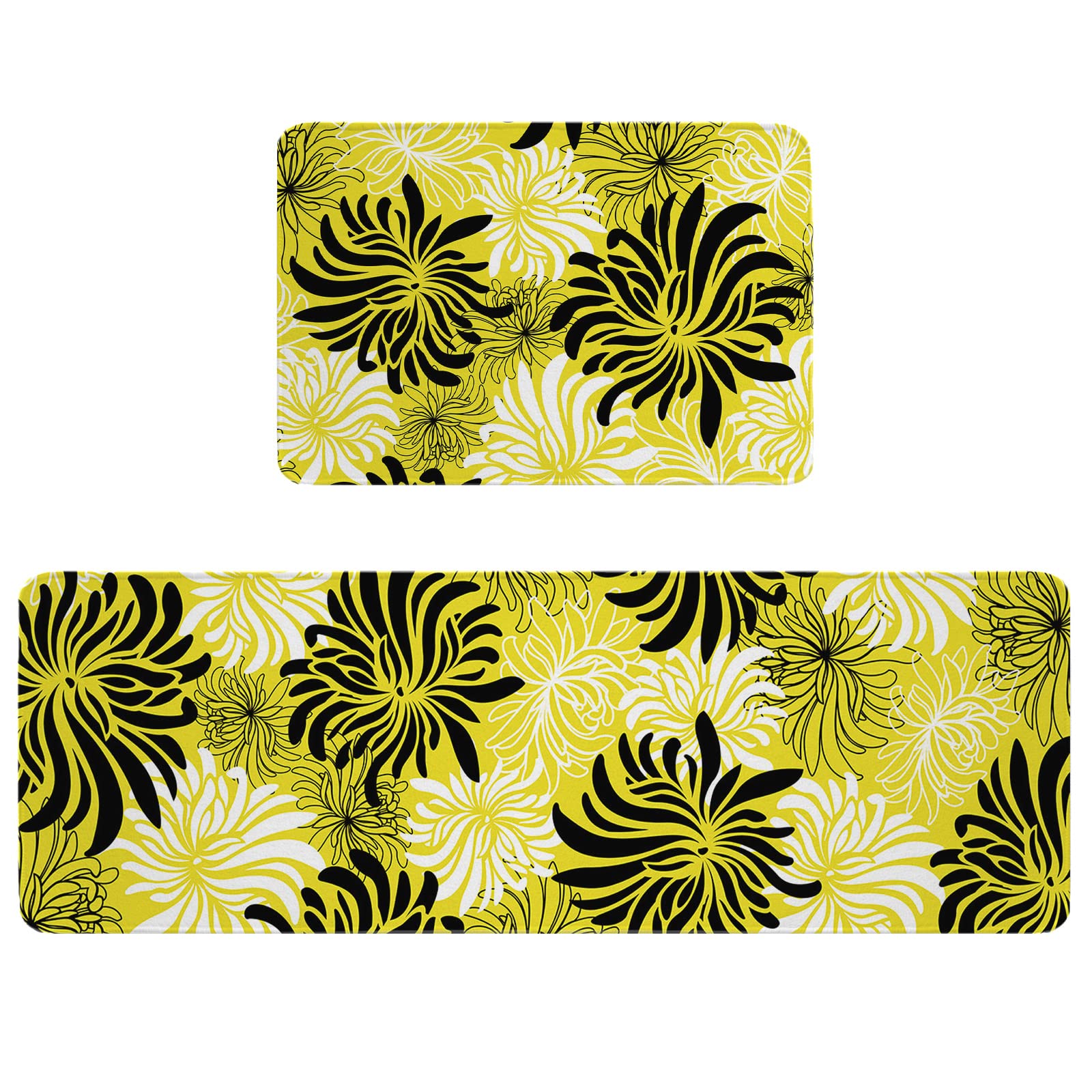 2-Pack Black & White Chrysanthemum Kitchen Rugs - Non-Slip Absorbent Floor Mats for Kitchen, Bathroom, Living Room & Laundry - Fall Decor Runner Set with Yellow Backdrop | Perfect for Home Decor, Holiday Gifts & Cozy Autumn Vibes
