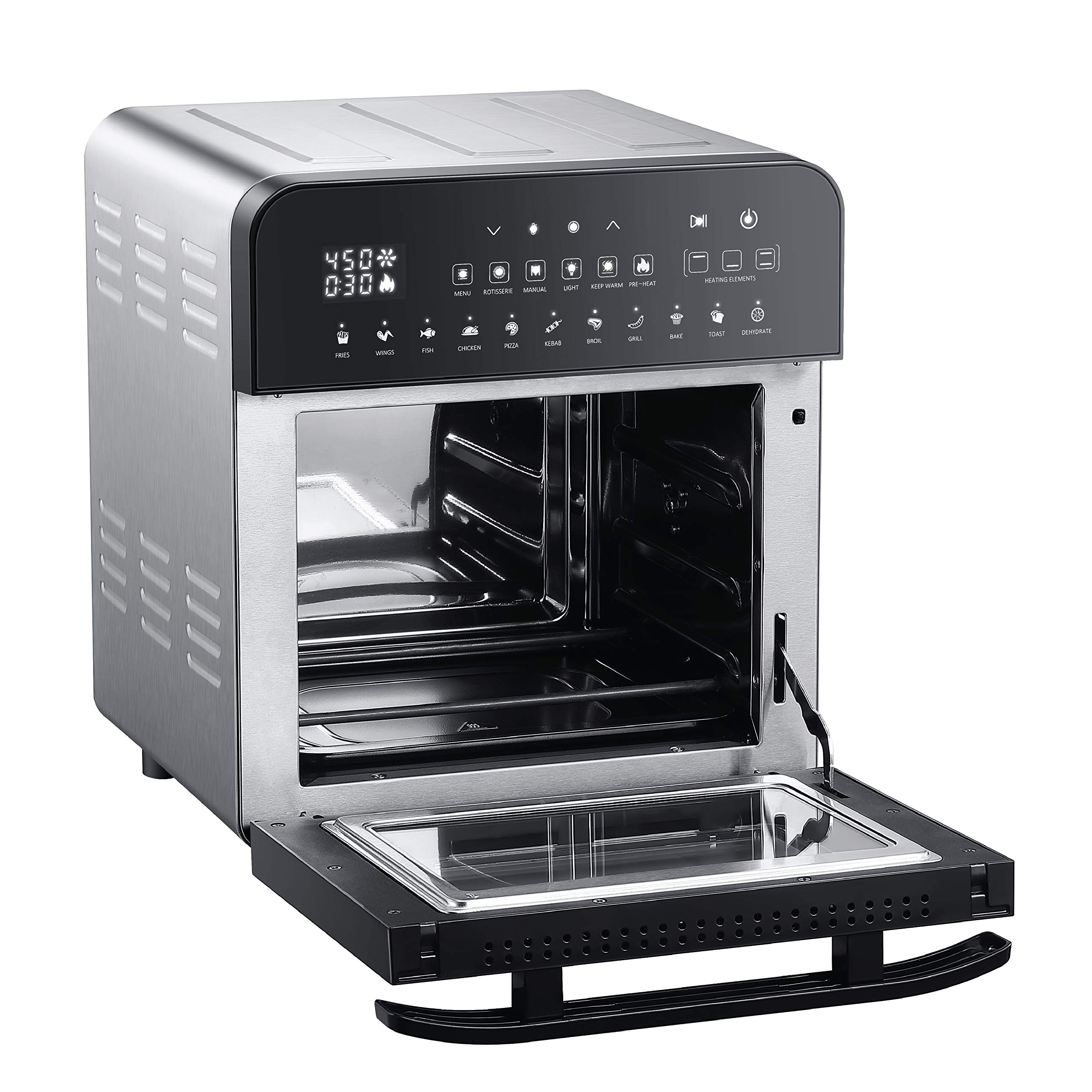 GoWISE USA 14.7-Quart Air Fryer Grill with Dual Heating Elements - 11-in-1 Oven with Rotisserie, Dehydrator, Preheat & Broil Functions - Includes 11 Accessories & 2 Recipe Books (Stainless Steel/Black) - Perfect for Healthy Cooking, Family Meals & Party Snacks
