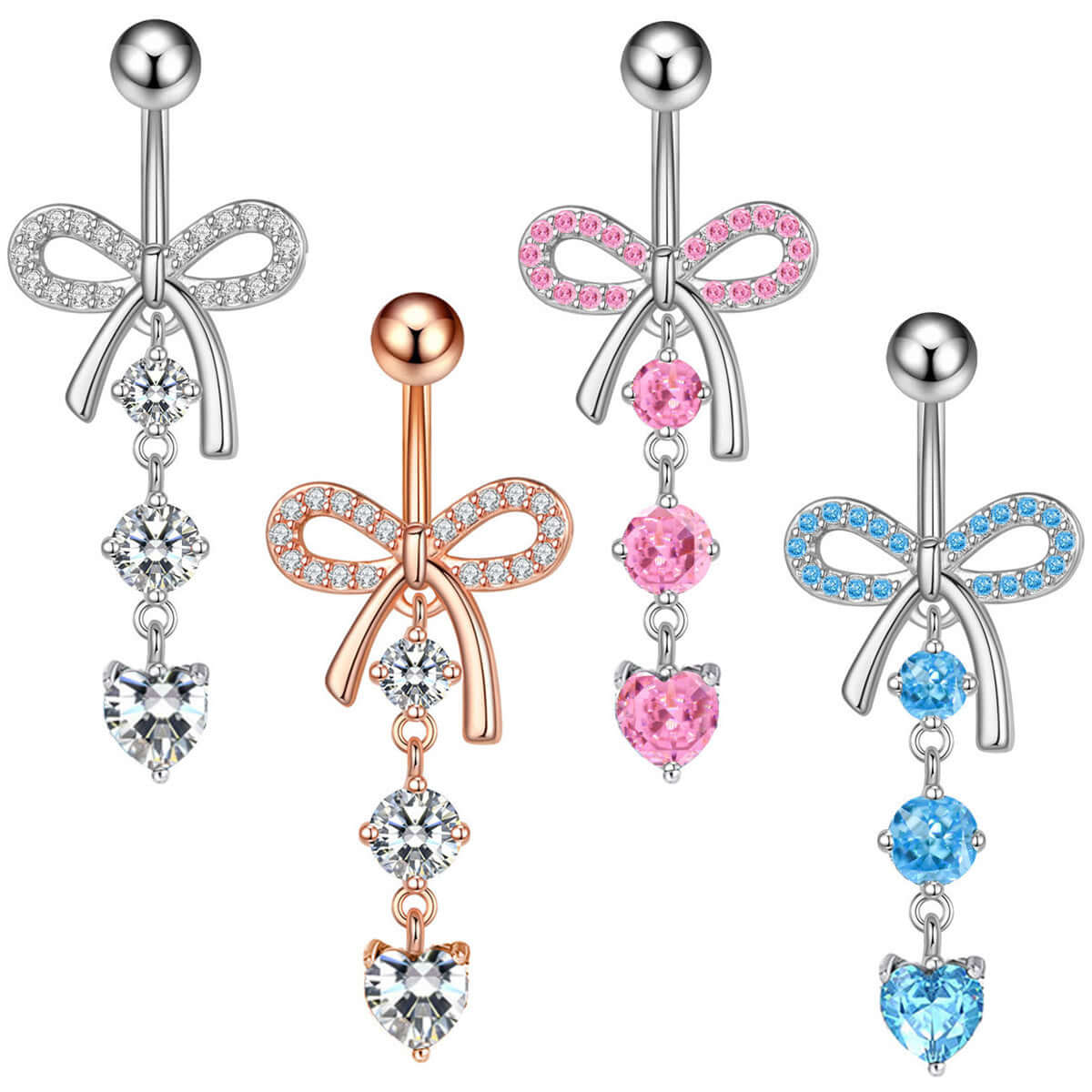 Rose Gold CZ Bow Dangle Belly Button Rings | Q0275 | Perfect for Piercing Jewelry, Belly Button Rings for Women, Trendy Body Jewelry for Summer Outfits and Beach Wear