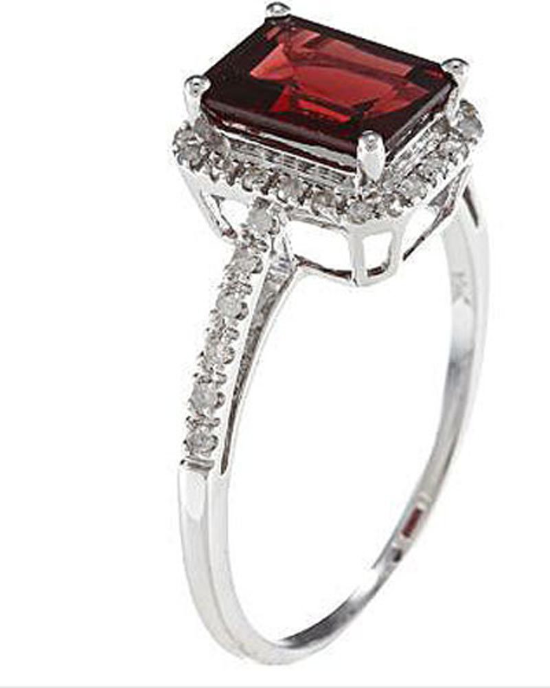 10K White Gold Emerald-Cut Garnet and Diamond Halo Ring for Women - Elegant Birthstone Jewelry Gift for Anniversary, Engagement or Special Occasion