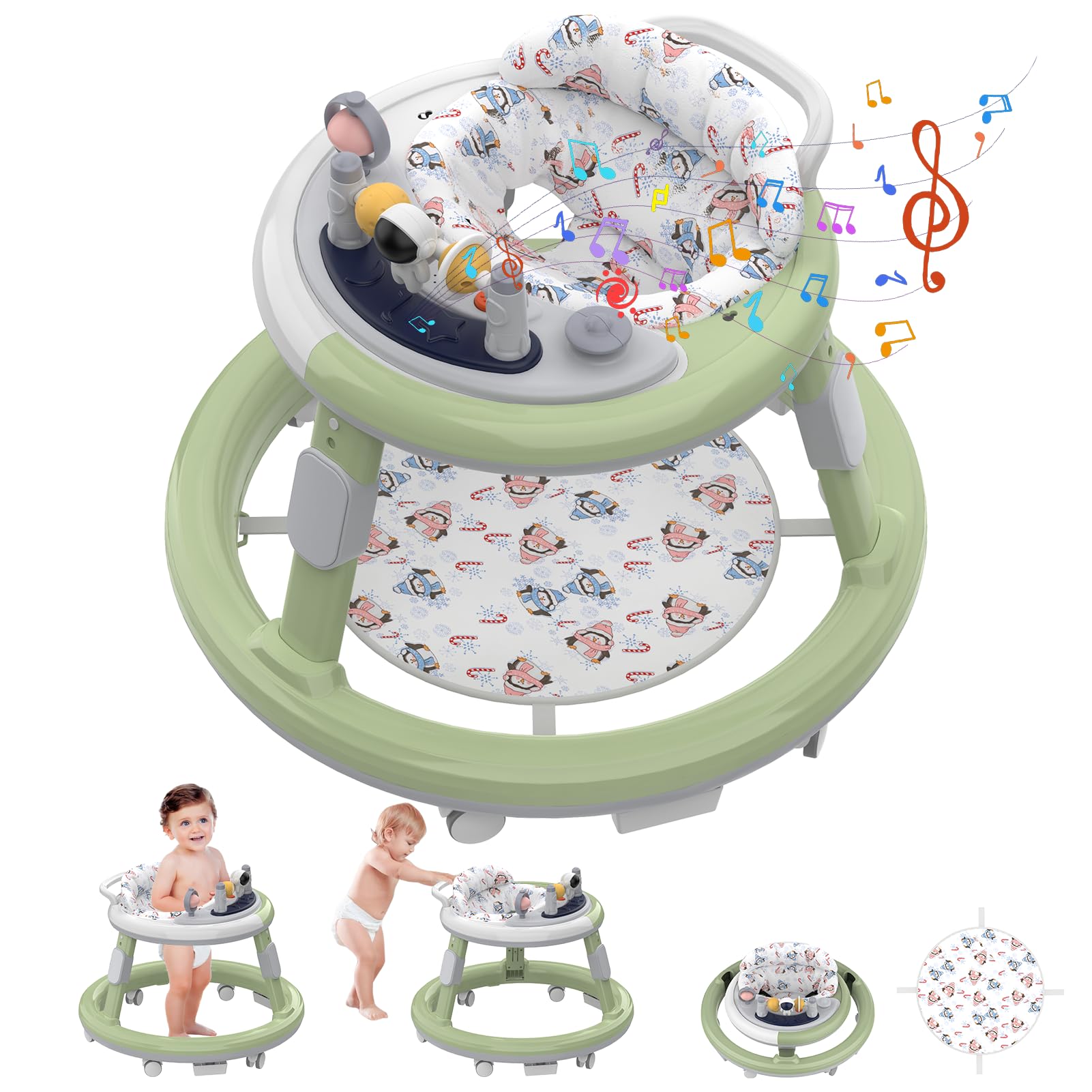 **Best Baby Walker with Wheels & Music - Adjustable Height Anti-Fall Infant Walker for Boys & Girls 6-24 Months - Safe Foot Pads & Activity Center (Green) - Perfect for Learning to Walk & Indoor Play**