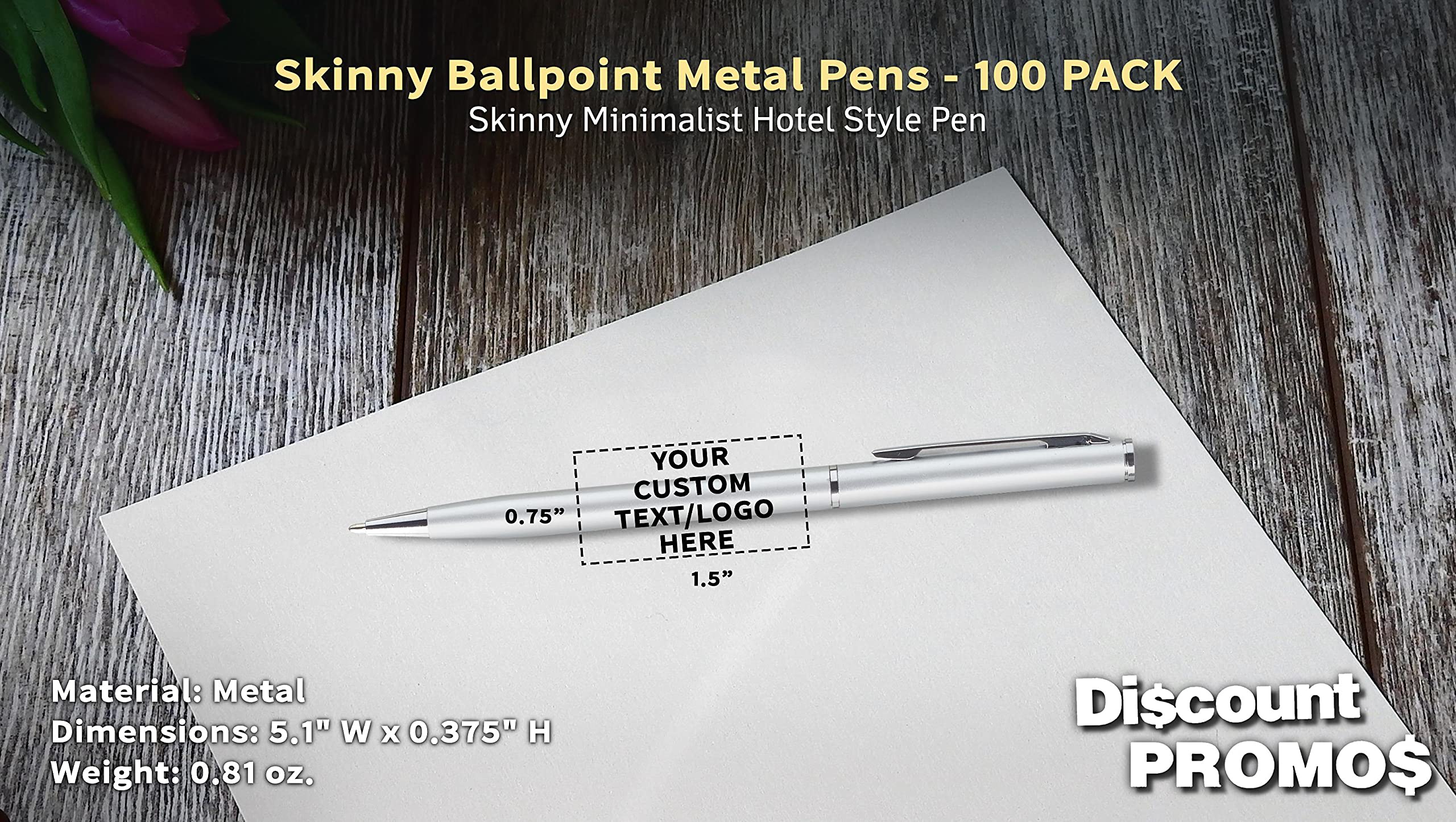 100 Pack Customizable Skinny Ballpoint Metal Pens - Personalized Text & Logo - Sleek Twist-Off Design with Black Ink - Silver Office & School Writing Supplies for Business Gifts & Promotional Giveaways