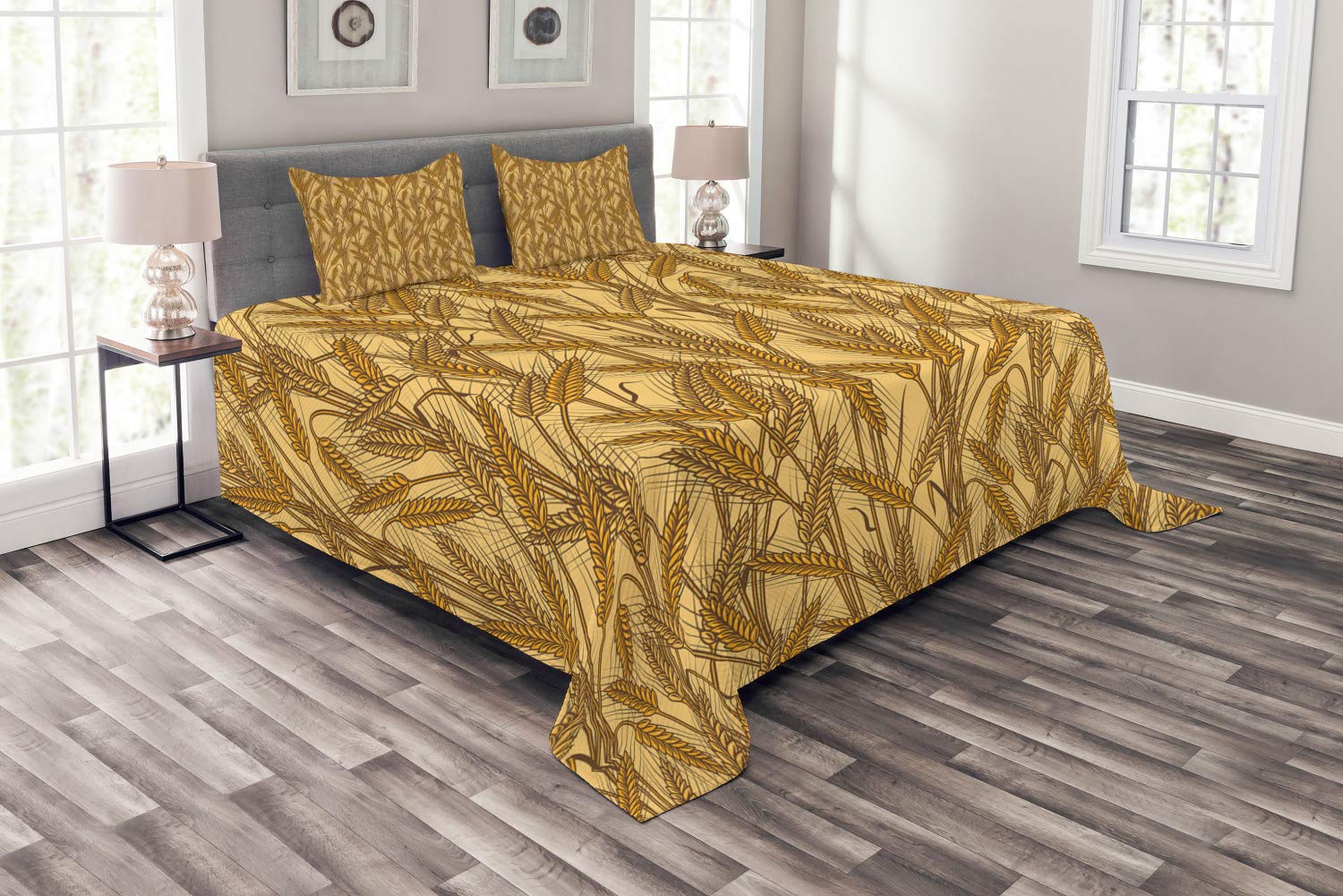 Ambesonne Harvest King Size Bedspread Set - 3 Piece Farmhouse Bedding with 2 Pillow Shams, Wheat & Rye Field Pattern in Mustard Yellow | Country Farm Decor for Bedroom, Guest Room & Cozy Farmhouse Style