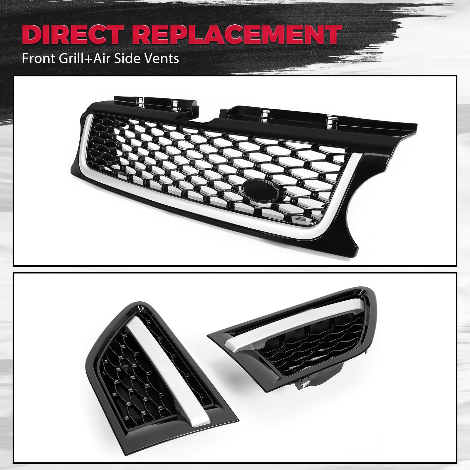 HECASA Black Front Grill & Air Side Vents for 2010-2013 Land Rover Range Rover Sport L320 - Bumper Grille Assembly Replacement - Perfect for Off-Roading & Custom Car Upgrades