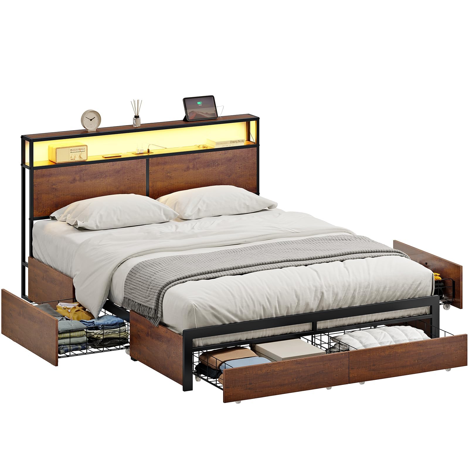 Full Size Bed Frame with Storage Headboard, 4 Drawers & USB Charging Station - Sturdy Metal Platform with LED Lights, Non-Slip & Noise-Free Design (No Box Spring Needed) - Perfect for Small Bedrooms, Apartments & Guest Rooms