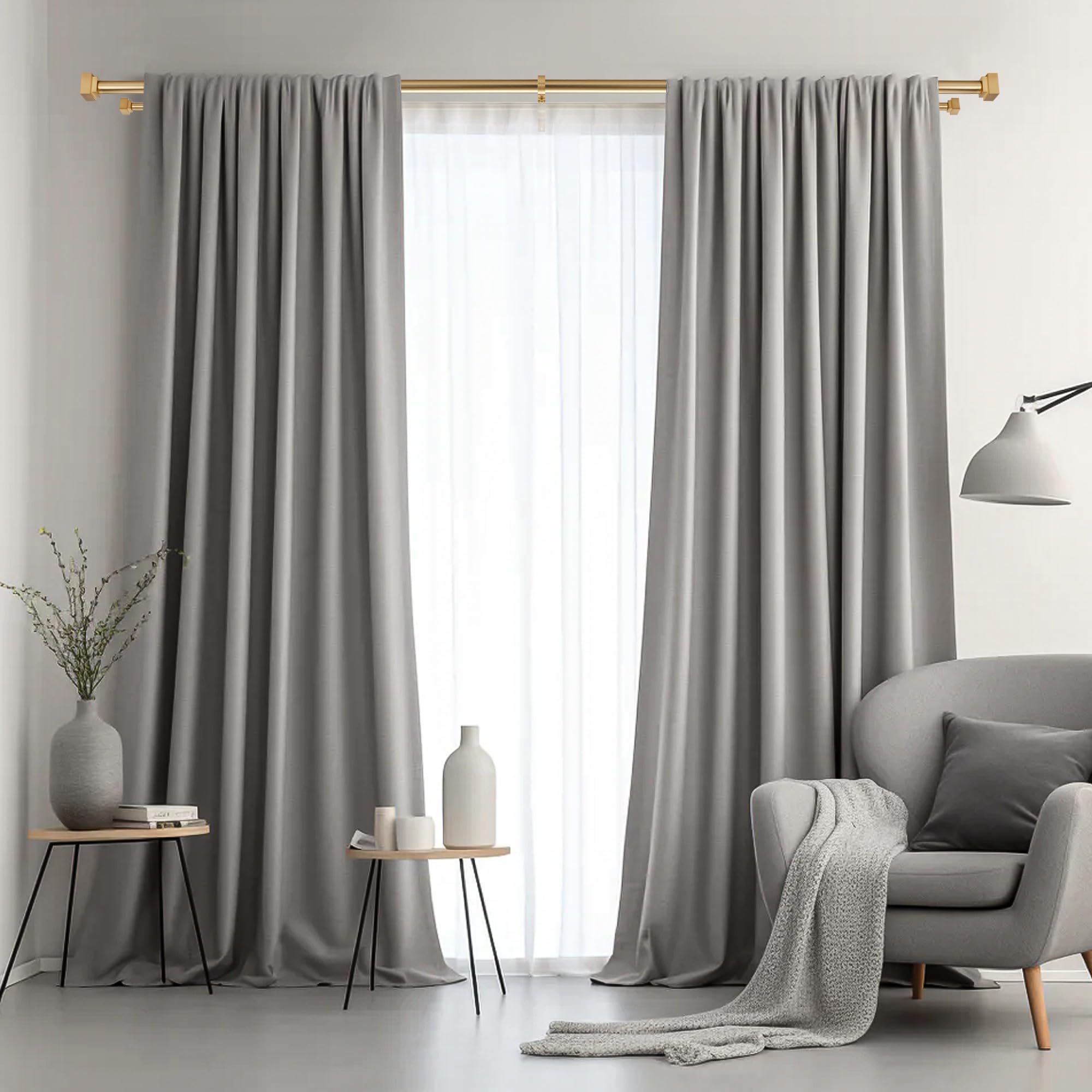 1 Inch Modern Double Window Curtain Rods - Adjustable 72-144 Inch Telescoping Heavy Duty Drapery Rod with Decorative Square Allufer Finials - Brushed Gold Finish for Living Room, Bedroom & Home Decor
