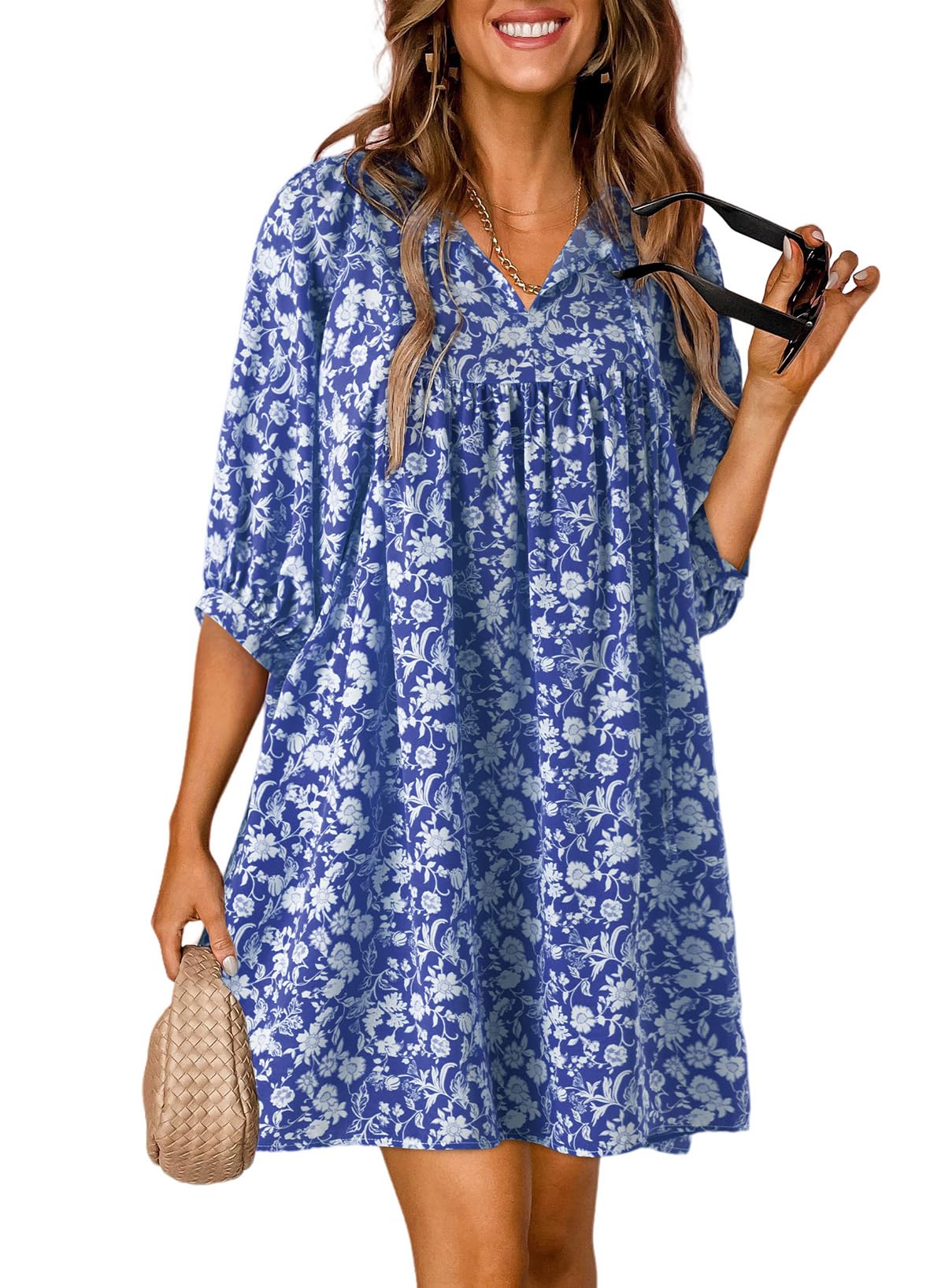 Dokotoo Women's Summer Dresses 2025 - Boho Floral Print Chiffon Mini Dress with V Neck & Lantern Sleeves | Beach Vacation Sundress, Casual Outfit for Summer Parties & Tropical Getaways