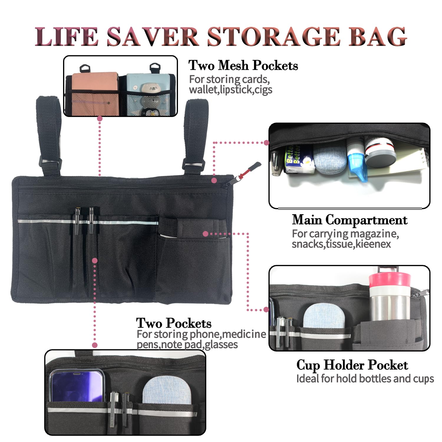 **Wheelchair Side Pouch with Cup Holder - Durable Wheelchair Bag & Rollator Accessory - Armrest Storage Organizer for Electric & Manual Wheelchairs - Perfect for Daily Use, Travel & Outdoor Activities**
