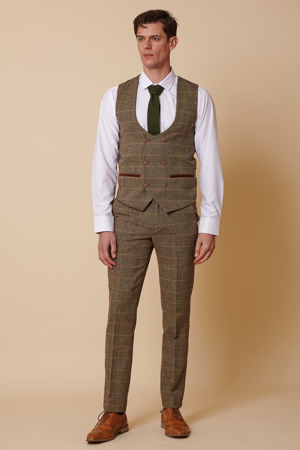 Premium TED Tan Tweed Check Three-Piece Suit with Double-Breasted Waistcoat - Formal Business Attire for Weddings, Office & Special Occasions