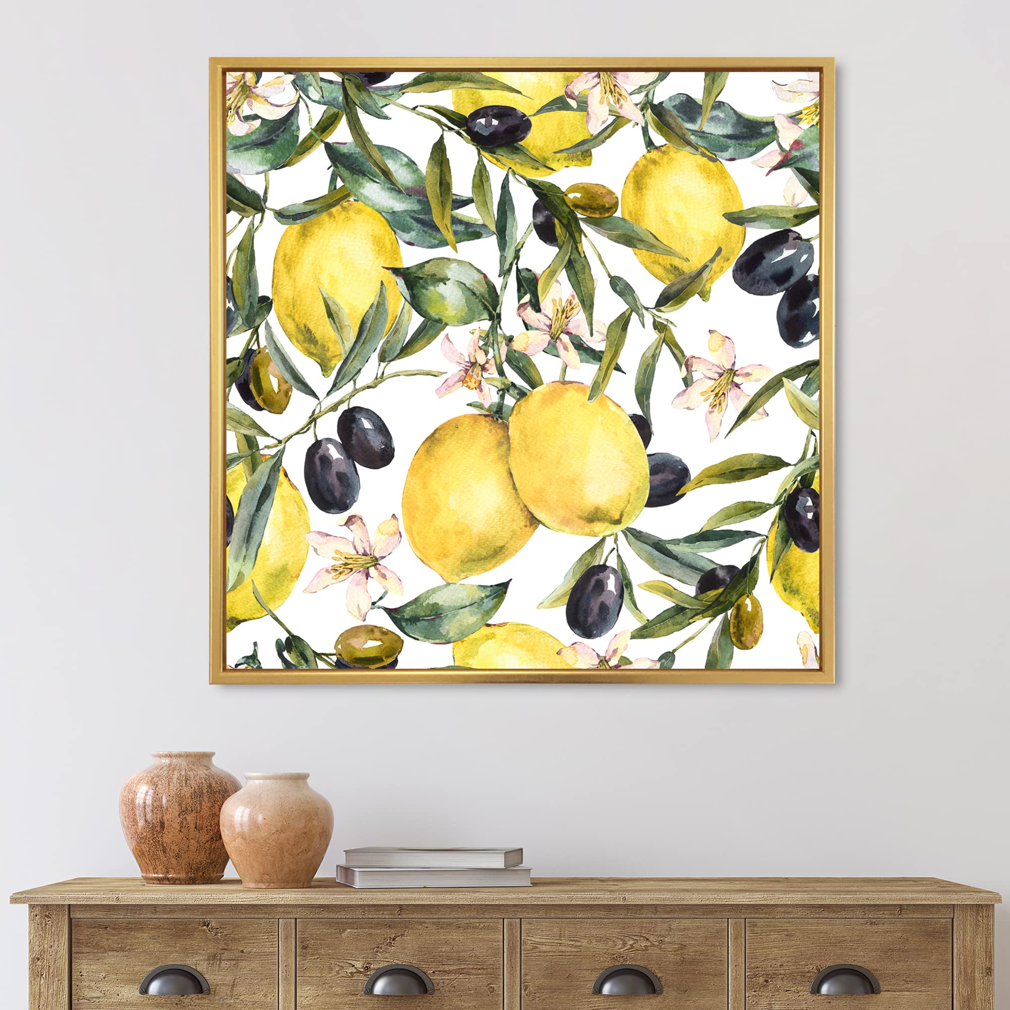 DesignQ Lemon and Olive Branches I - Tropical Framed Canvas Wall Art Print for Living Room, Bedroom & Office Decor | Modern Botanical Painting | Ready to Hang