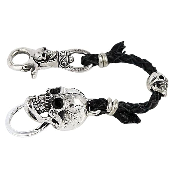 Sterling Silver Skull Leather Braided Biker Keychain Wallet Holder - Stylish & Durable Accessory for Motorcycle Riders, Bikers & Rock Fans - Perfect for Keys, Wallets & Everyday Carry
