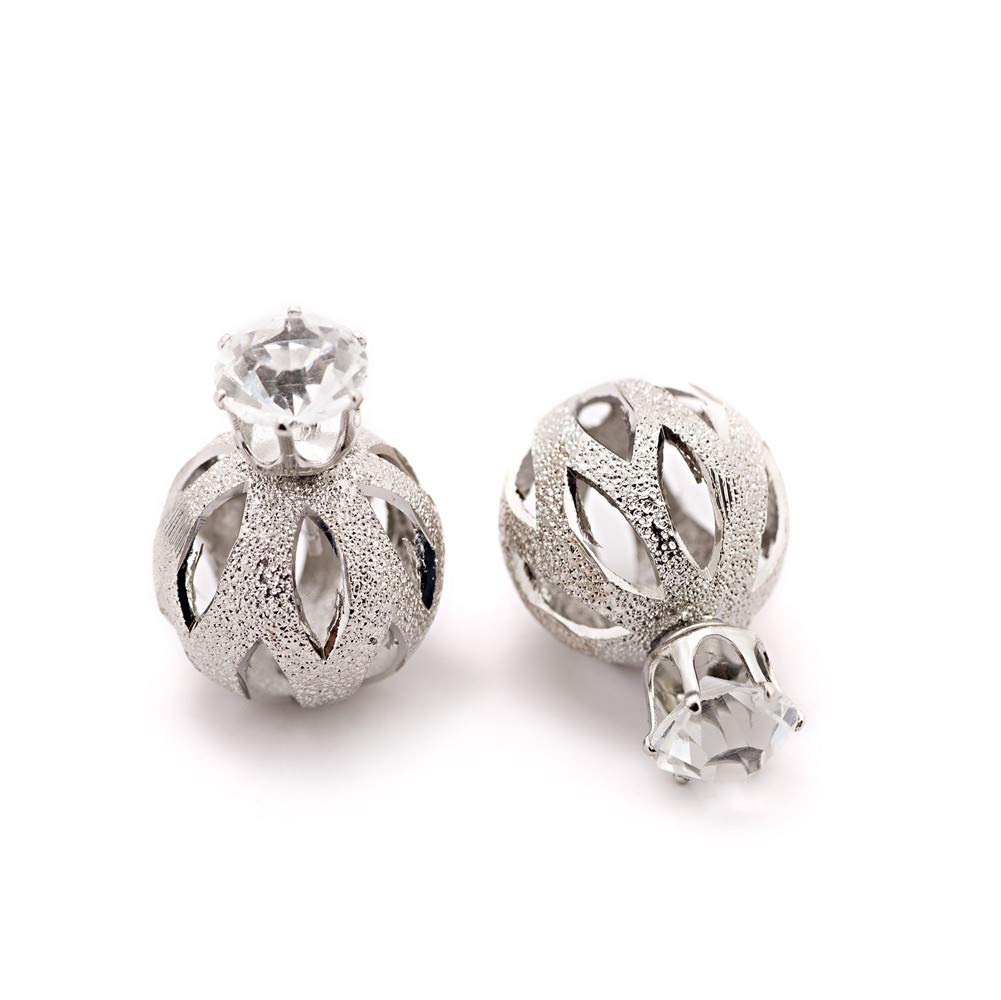 925 Silver Plated CZ Stud Earrings for Women - Hollow Double Ball Design with Frosted Finish | Perfect for Parties, Weddings & Everyday Wear