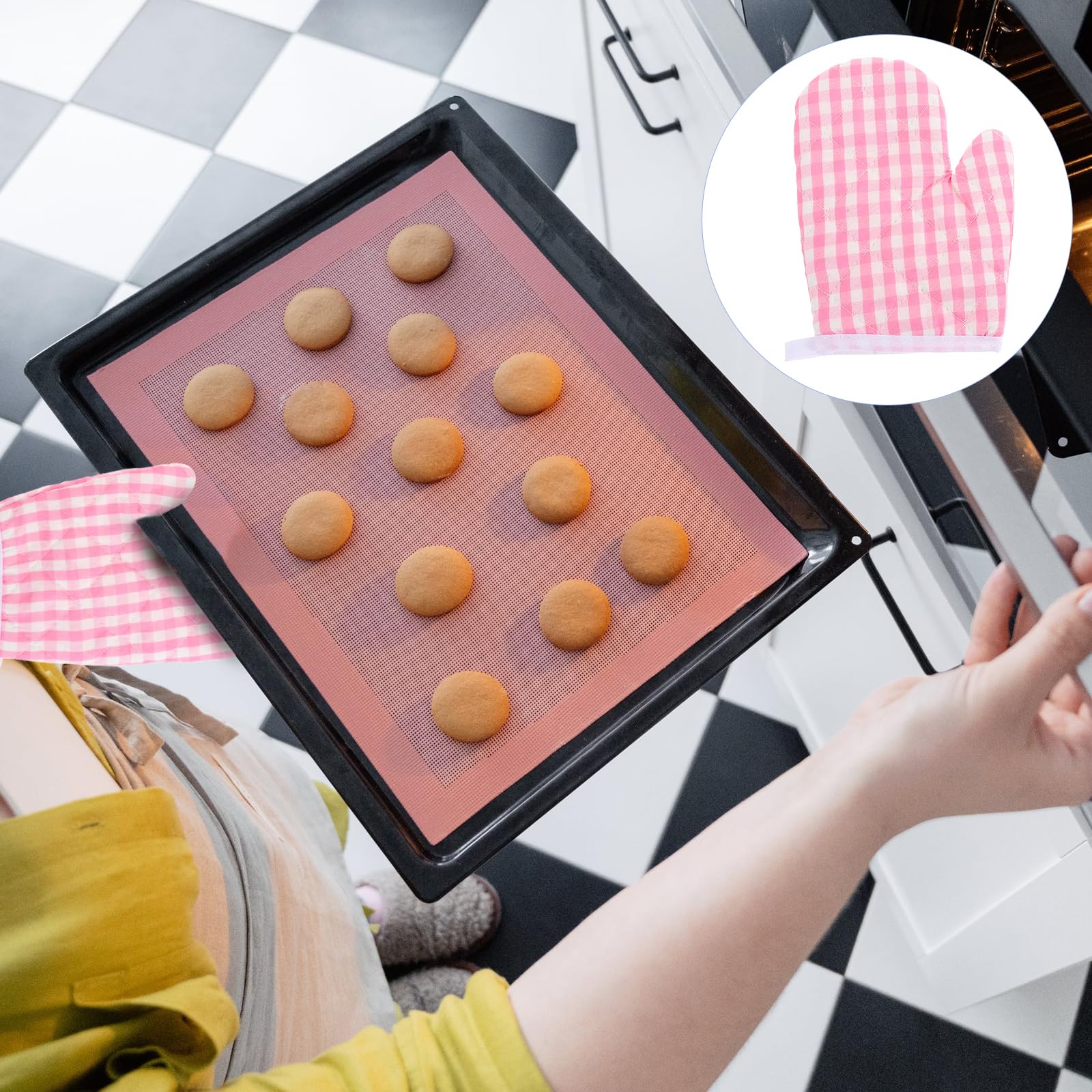 DOITOOL 2Pcs Kids Oven Mitts - Heat Resistant Kitchen Gloves for Children's Play Kitchen, Baking, Microwave & BBQ - Safe Cooking Accessories for Toddlers (Pink Checkered) - Perfect for Pretend Play, Real Cooking & Family Baking Activities