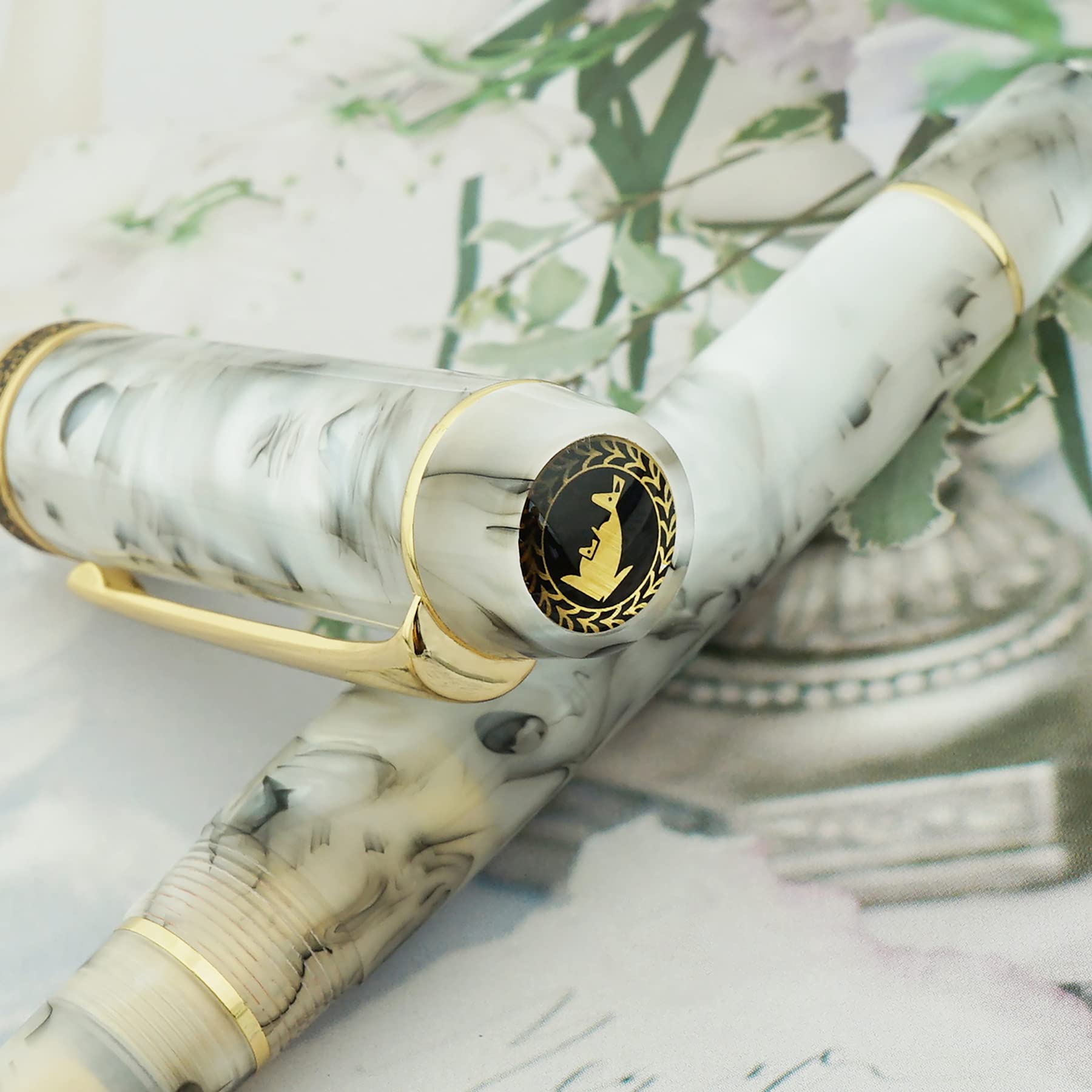 Asvine Kaigelu 316 White Marble Acrylic Fountain Pen with Iridium Medium Nib - Classic Elegant Writing Instrument with Ink Converter for Calligraphy, Journaling & Office Use