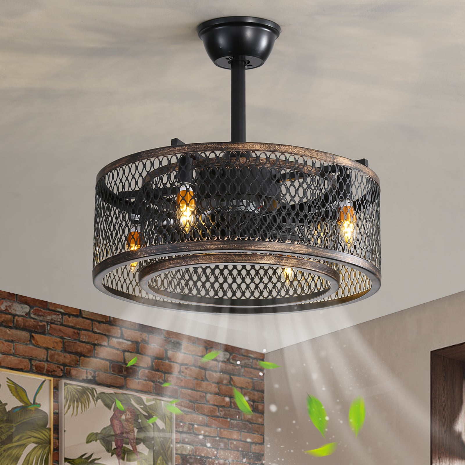 20 Inch Caged Ceiling Fan with LED Lights - Modern Indoor/Outdoor Ceiling Fan with Remote Control - Perfect for Bedroom, Living Room, Patio and Covered Porch