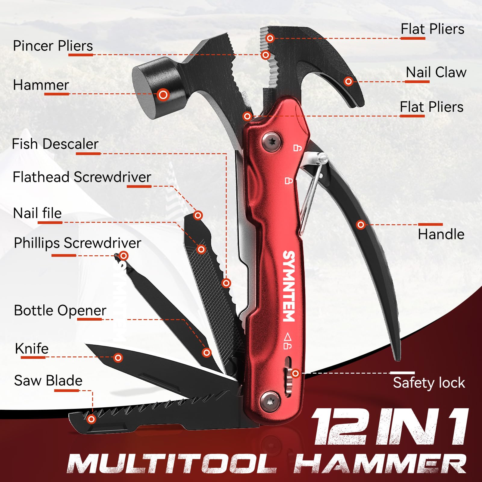 12-in-1 Hammer Multitool for Men - Camping, Survival & DIY Gadget - Perfect Birthday, Father's Day & Christmas Gift for Him - Outdoor, Home & Emergency Use