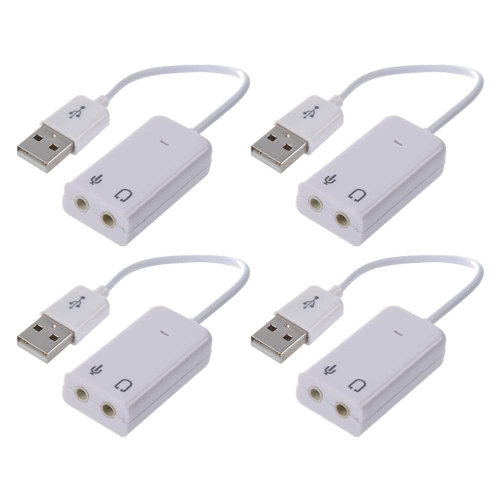 Ronlok 4-Pack 3.5mm Microphone & Headphone Audio Splitter with USB 2.0 Sound Card - White | for PC, Laptop, Gaming Headset, Streaming & Conference Calls