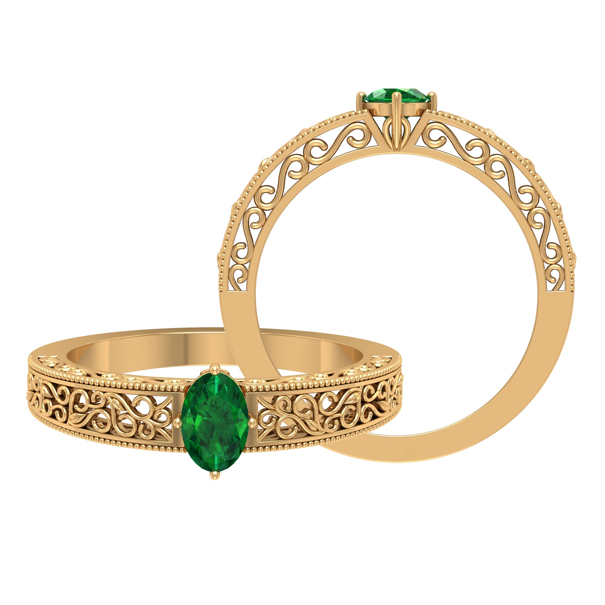 1/2 CT Oval Cut Emerald Solitaire Ring for Women - 14K Solid Gold May Birthstone Ring with Filigree Design | Elegant Gift for Anniversary, Engagement & Special Occasions