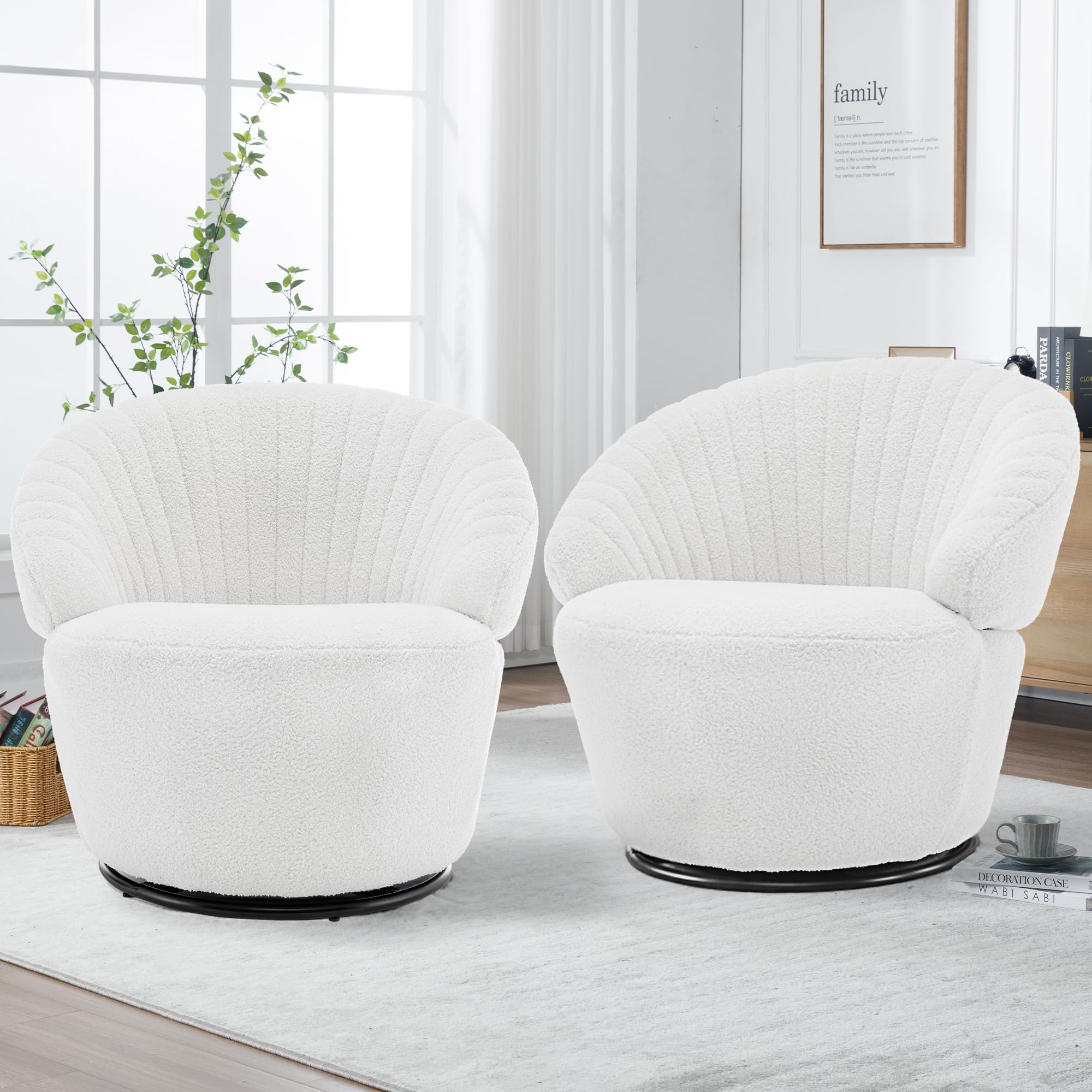 360-Degree Swivel Accent Chair Set of 2 - Mid Century Modern Upholstered Barrel Chairs with Teddy Fabric for Living Room, Bedroom & Office - White - Perfect for Lounge, Reading Nook or Conversation Area