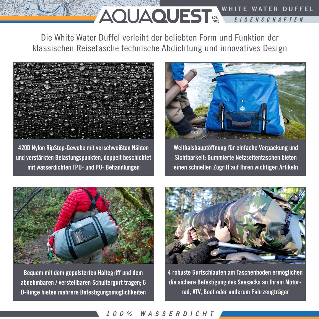 AquaQuest White Water Duffel - 100% Waterproof Heavy Duty Dry Bag for Travel, Sports, Motorcycle, Boat & Fishing - 50L/75L/100L Sizes - Durable & Comfortable Gear for Outdoor Adventures, Camping & Water Activities