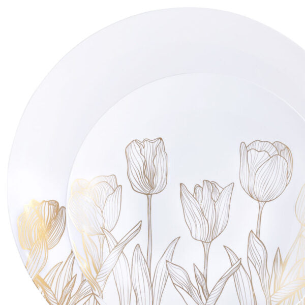 32-Pack White and Gold Round Plastic Dinnerware Set for 16 Guests - Elegant Disposable Plates, Cups, Forks, Knives & Spoons - Perfect for Weddings, Parties, Picnics & Outdoor Events - Eco-Friendly & Durable
