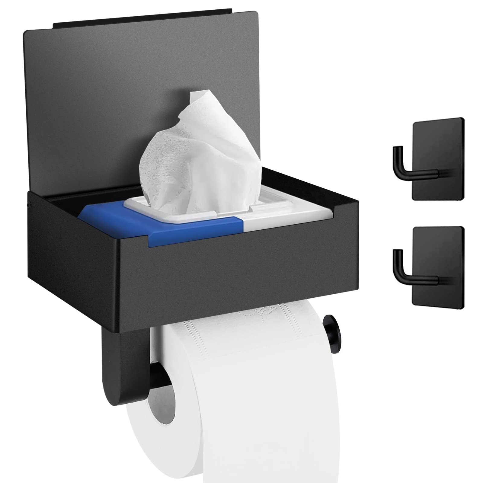Matte Black Toilet Paper Holder with Shelf & Storage | 2-Pack Towel Robe Hooks | Flushable Wipes Dispenser | Adhesive or Screw Wall Mount | Bathroom Organization for Small Spaces & Modern Homes