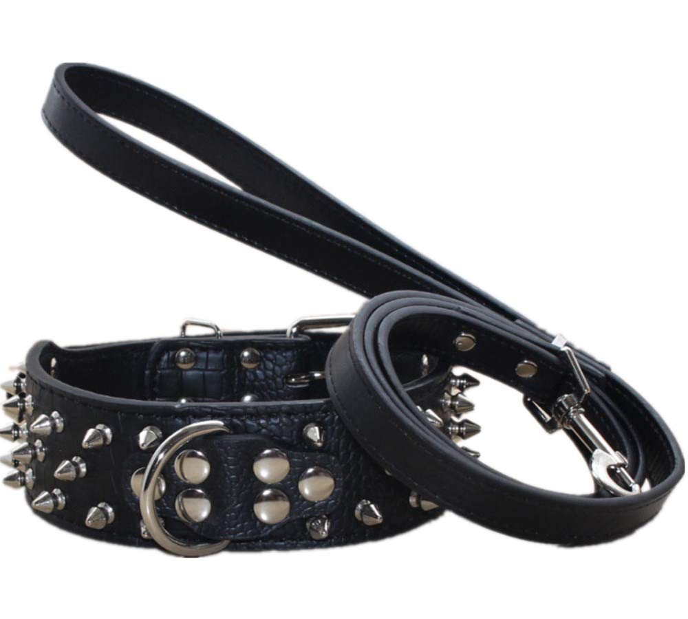 Spiked Studded Leather Dog Collar & Leash 2-Piece Set for Medium & Large Dogs - Pitbull, Husky, Mastiff, Terrier - 3-Row Bullet Rivets, Durable Leather (Black, Medium) - Perfect for Training, Walking & Outdoor Protection