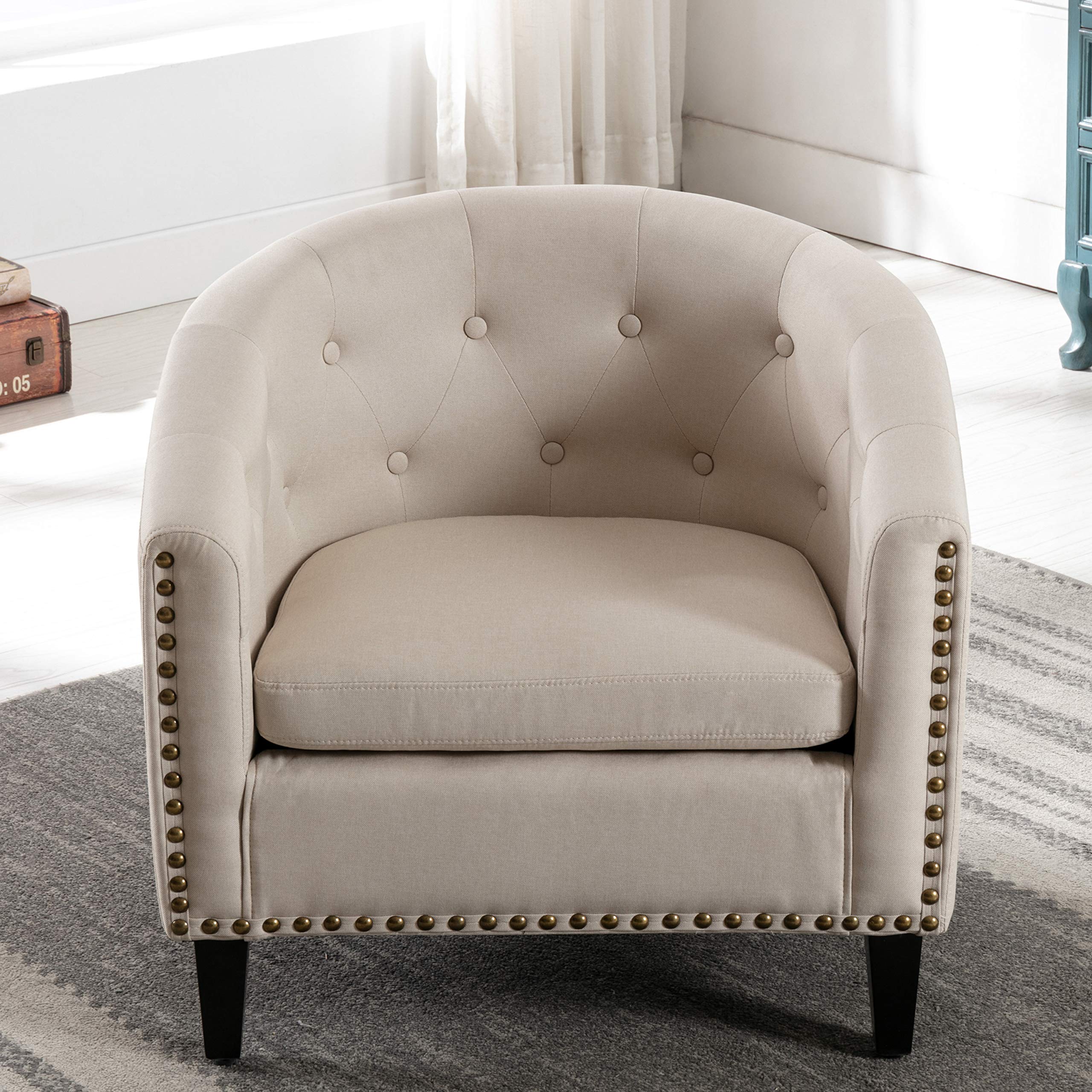 HomVent Accent Barrel Chair - Upholstered Arm Club Chair with Nailhead Trim, Solid Wood Legs & Premium Fabric - Stylish Tub Barrel Design for Living Room, Bedroom & Reception Areas (Tan) - Perfect for Cozy Reading Nooks, Lounge Spaces & Guest Seating
